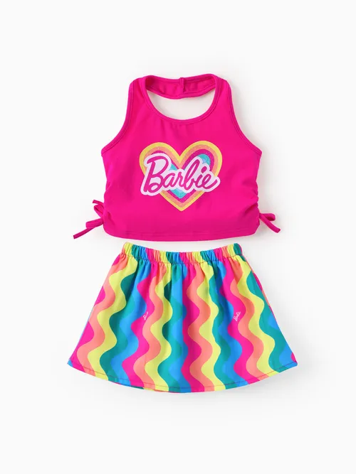 

Barbie Toddler Girl 2pcs Cotton Heart Pattern Halter Tank Top And Rainbow Wave Pattern Skirt Set