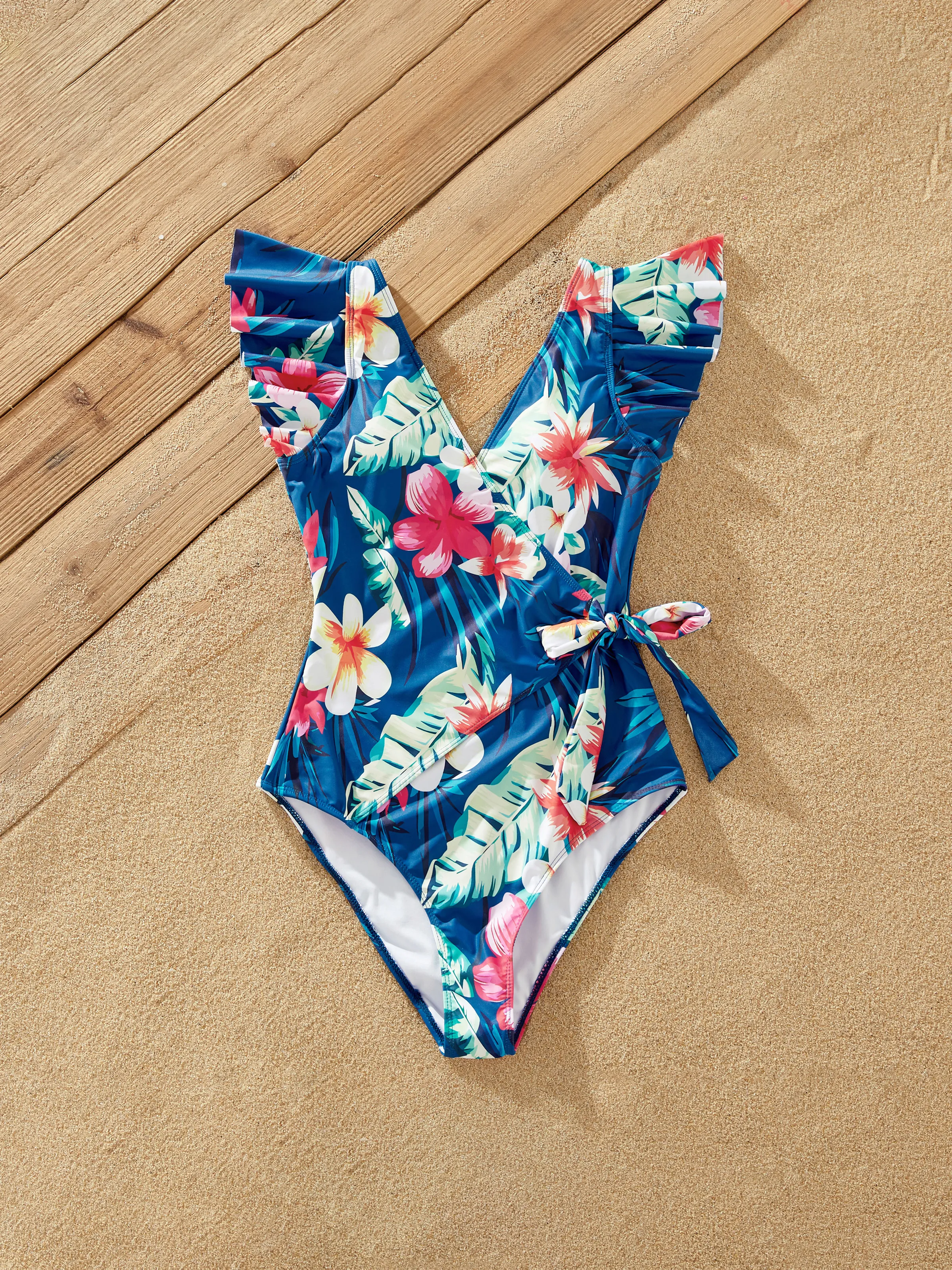 

Family Matching Floral Drawstring Swim Trunks or Flutter Sleeves Knot Side One-piece Swimsuit