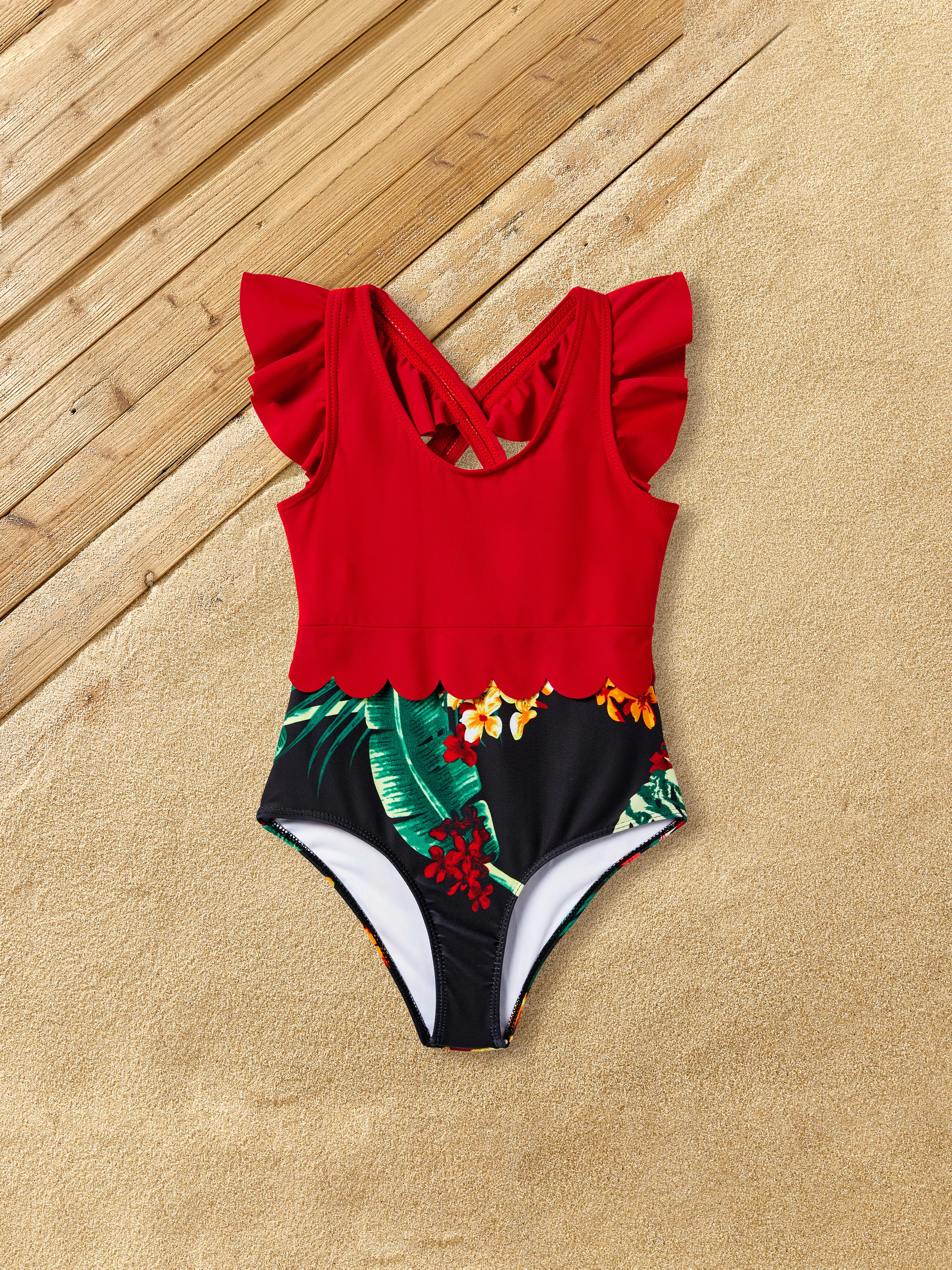 

Family Matching Floral Drawstring Swim Trunks or Red Halter Top Spliced Swimsuit