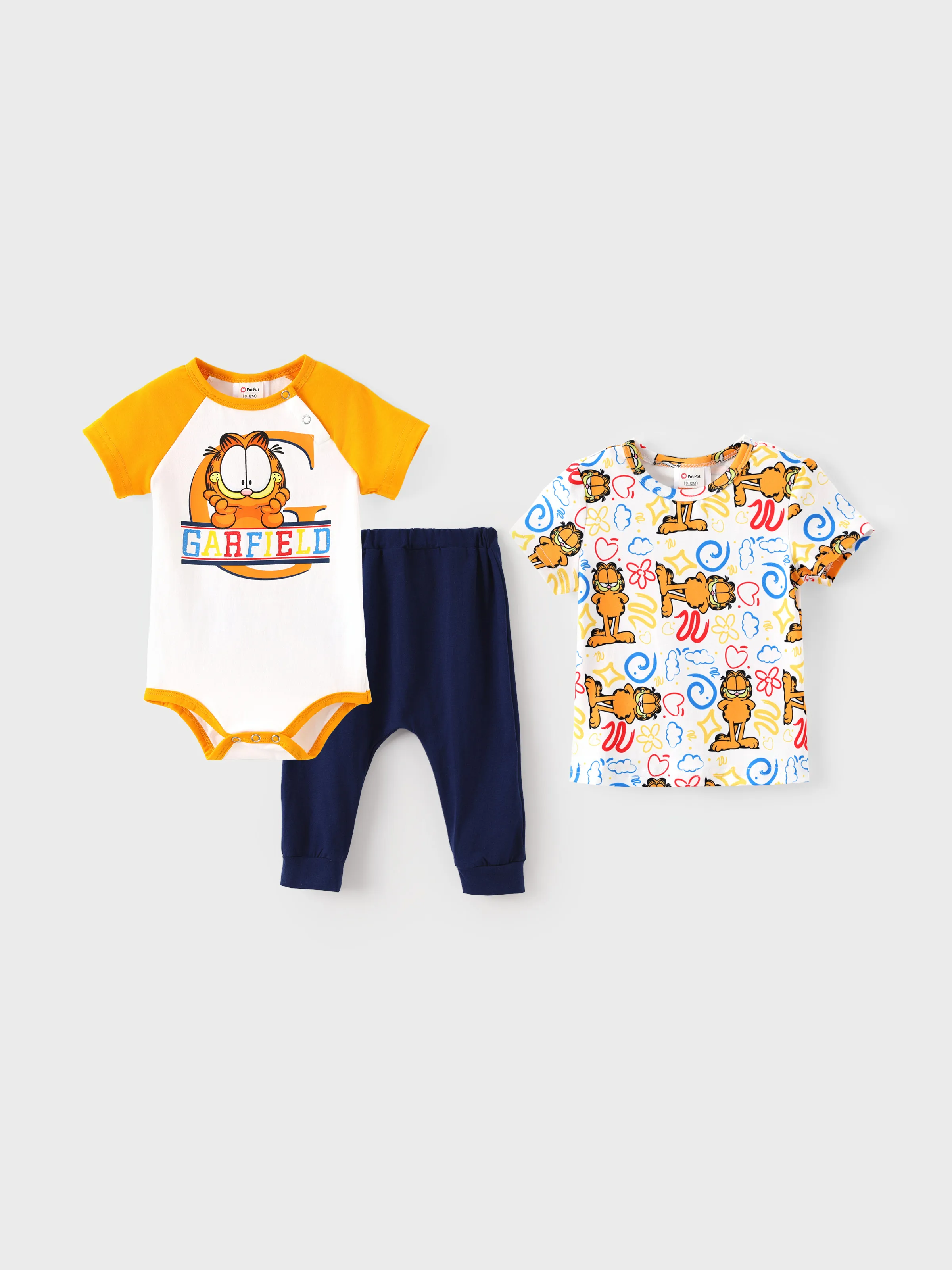 

Garfield Baby Boy 3pcs Cat Graffiti Pattern Short-sleeve Top Colorblock Romper and Pants Set