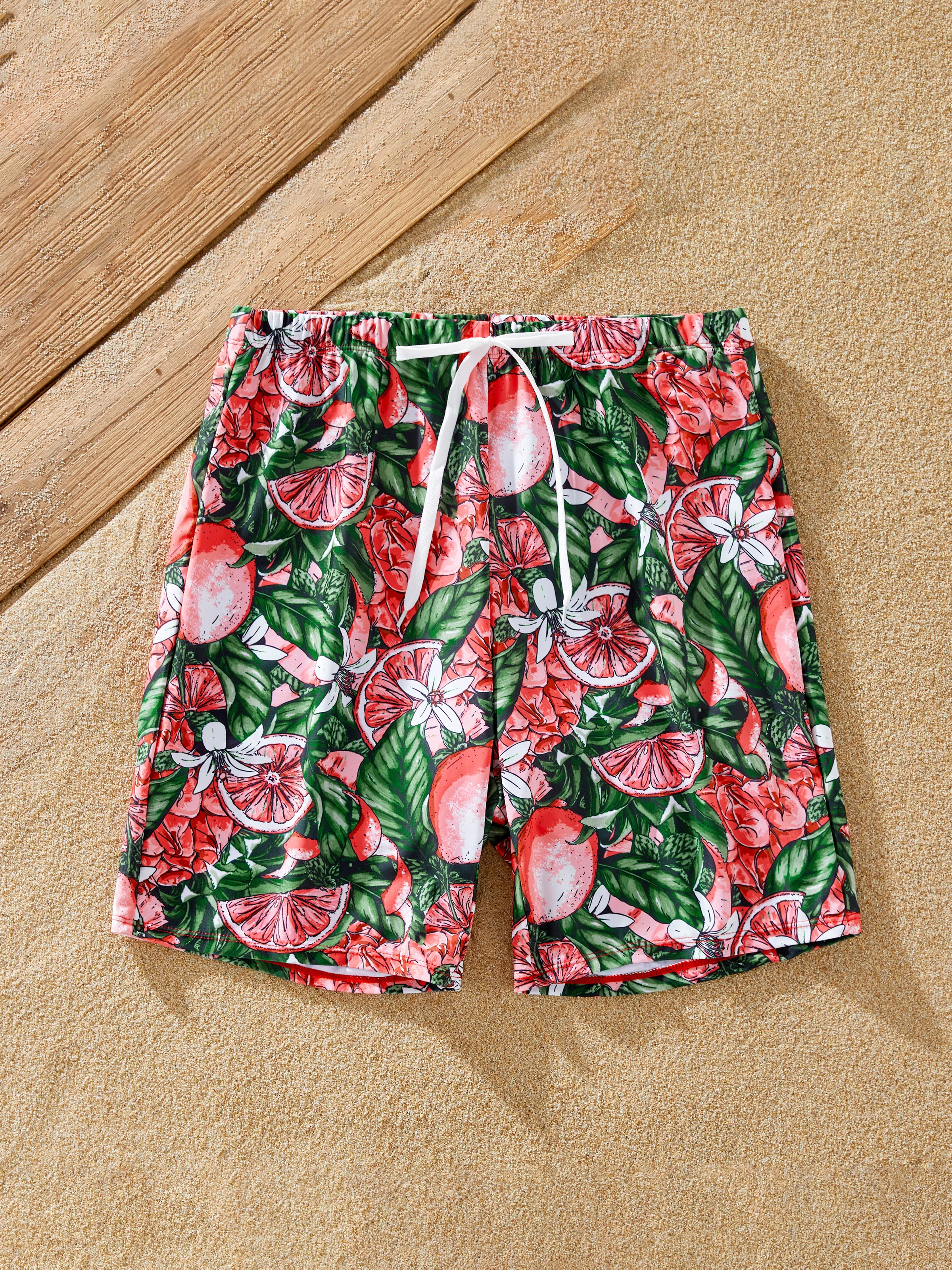 

Family Matching Fruit Pattern Swim Trunks or Ruffle V-Neck Twist Knot Spliced Swimsuit