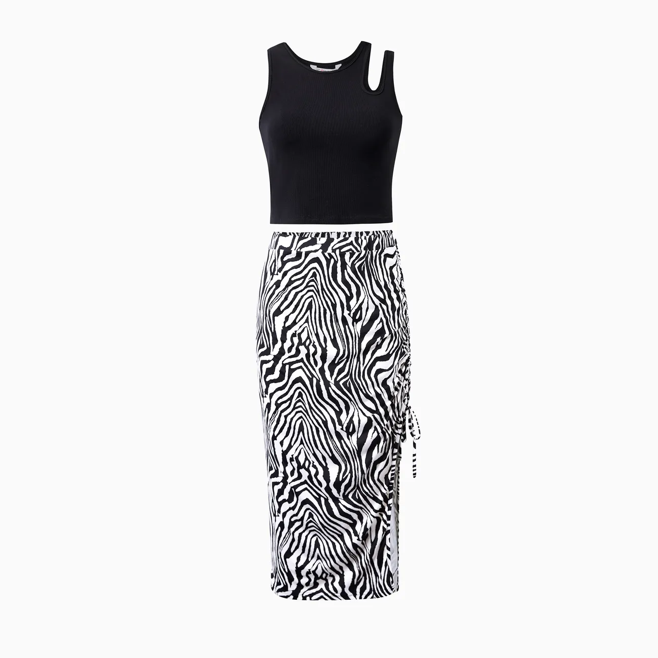 Family Matching Dress Black Top and Leopard Print Side Drawstring Bodycon Skirt 2-Piece Cotton Dress Set for Mommy and Me