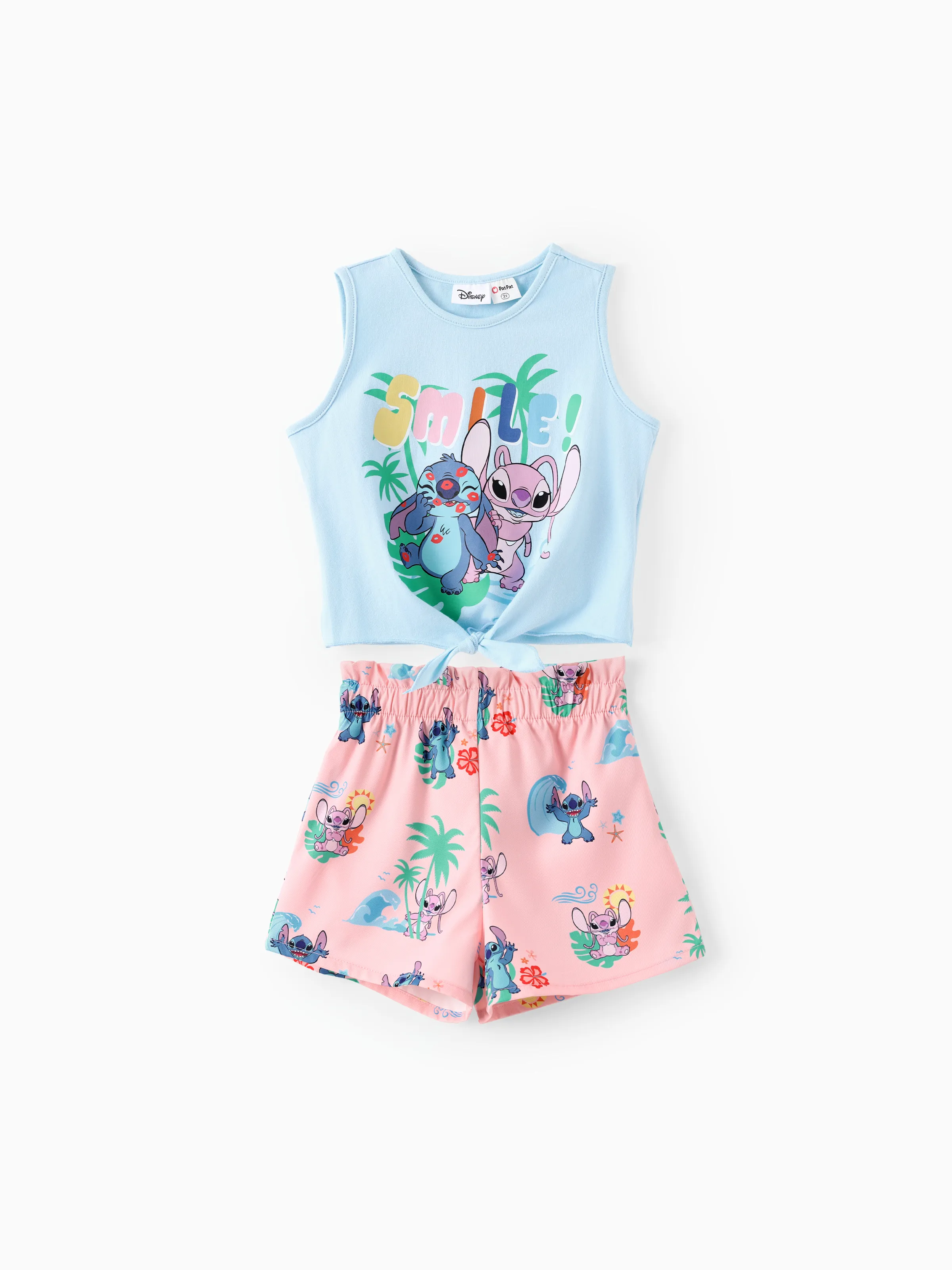 

Disney Stitch Toddler/Kid Girl 2pcs Cotton Character Heart/Palm Tree Pattern Knotted Tank And Shorts Set