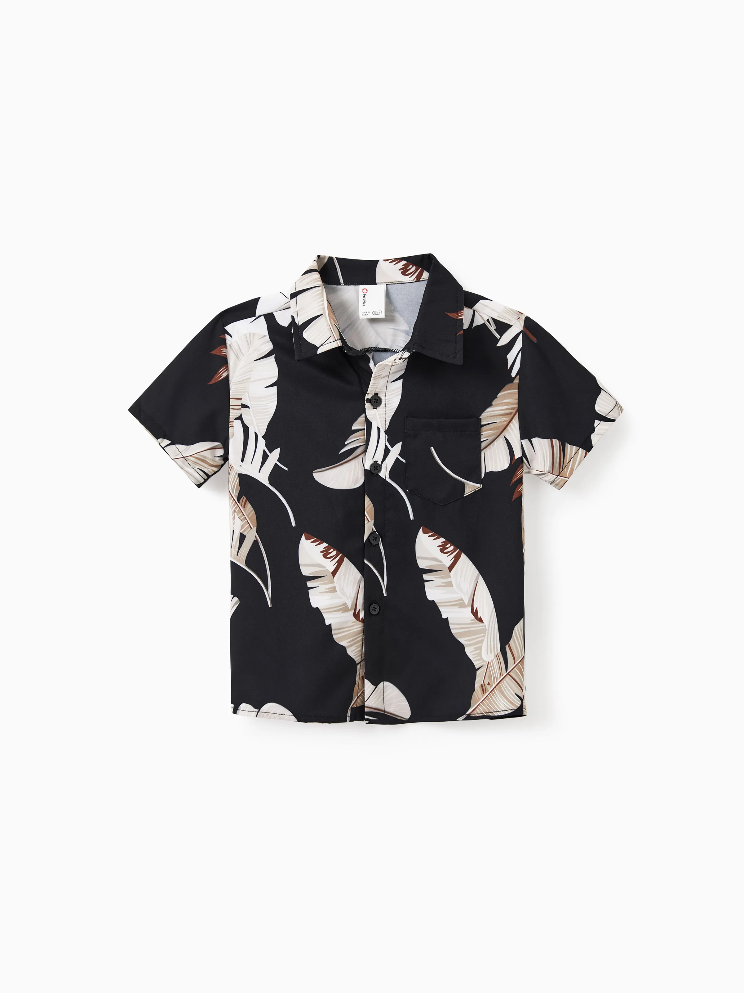 

Family Matching Set Leaf Print Black Short-sleeve Shirt or Sleeveless Halter Dress