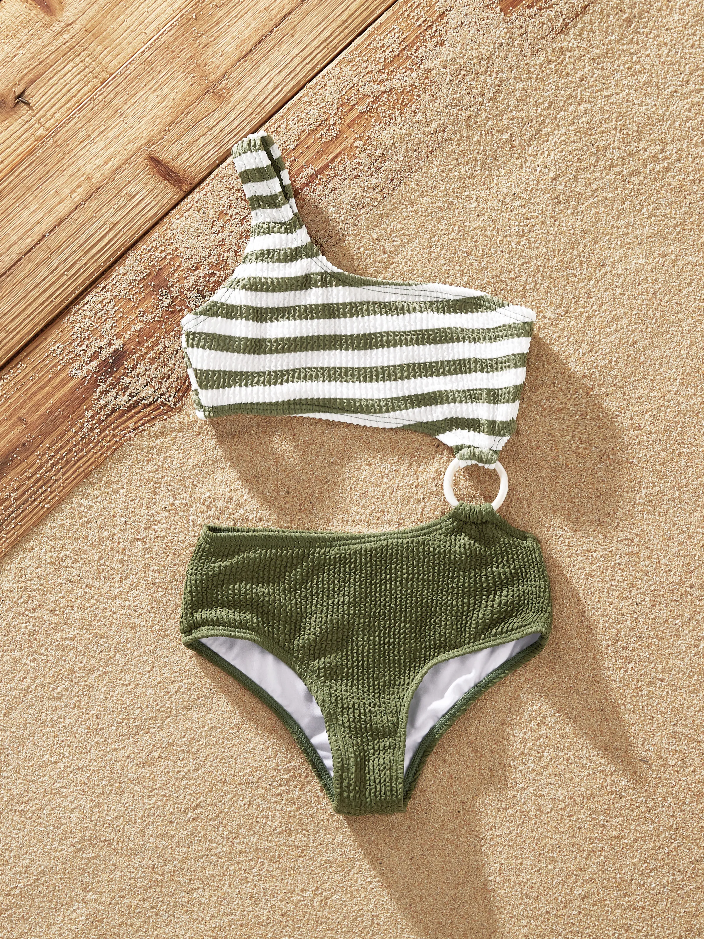 

Family Matching Colorblock Stripe Swim Trunks or One Piece One Shoulder Swimsuit