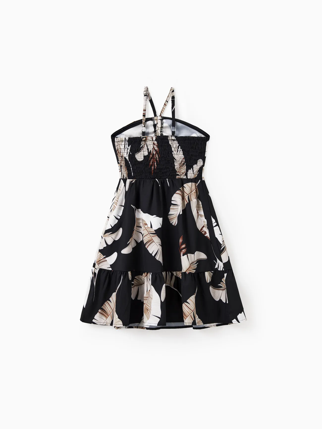 Girl - Family Matching Set Leaf Print Black Short-sleeve Shirt or Sleeveless Halter Dress - Black - image 8