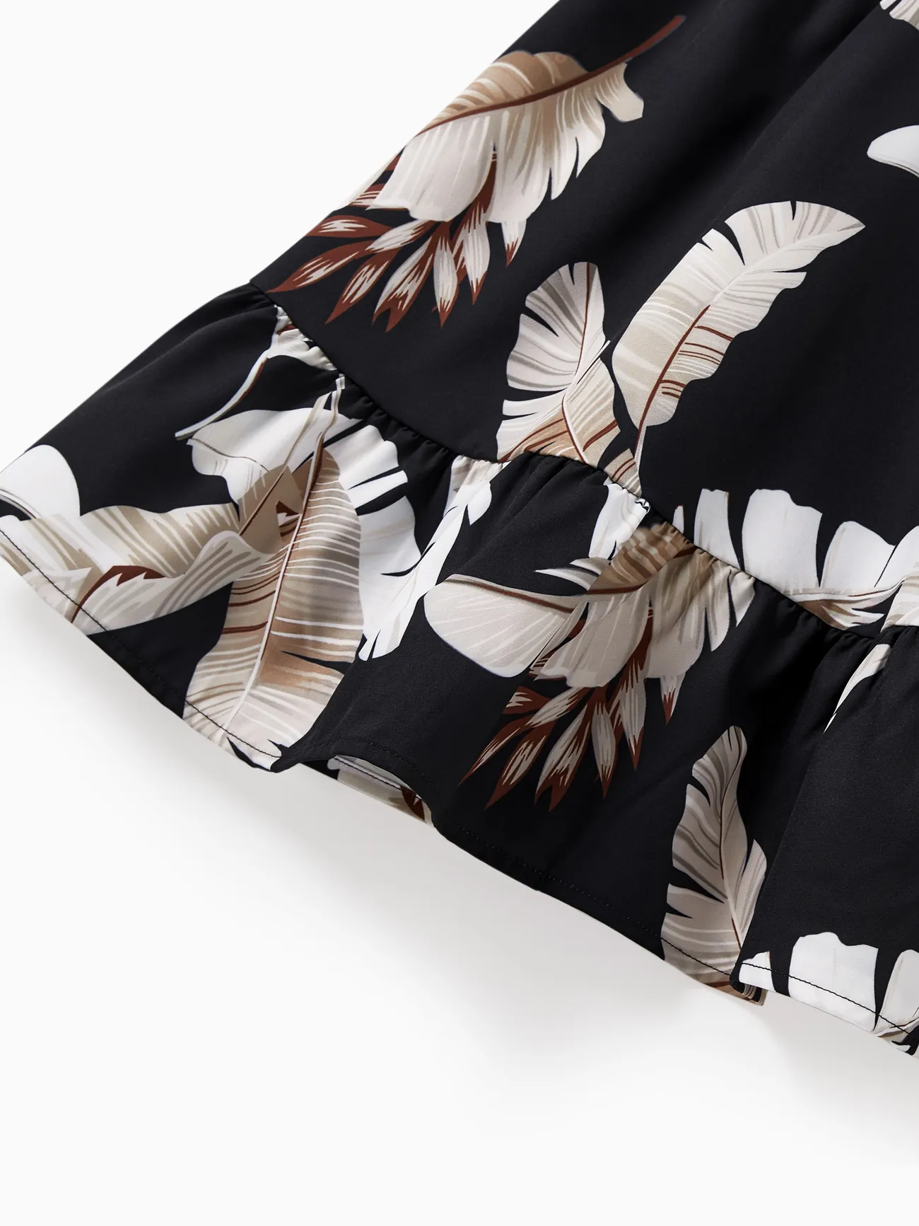 Girl - Family Matching Set Leaf Print Black Short-sleeve Shirt or Sleeveless Halter Dress - Black - image 11