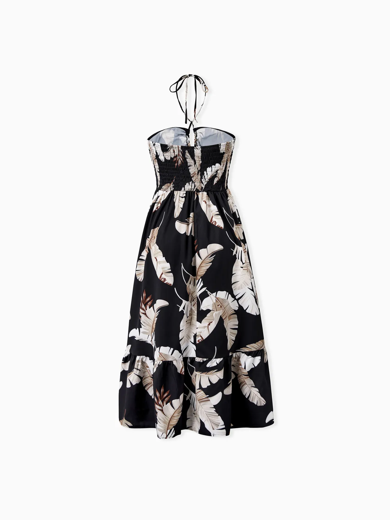 Women - Family Matching Set Leaf Print Black Short-sleeve Shirt or Sleeveless Halter Dress - Black - image 3