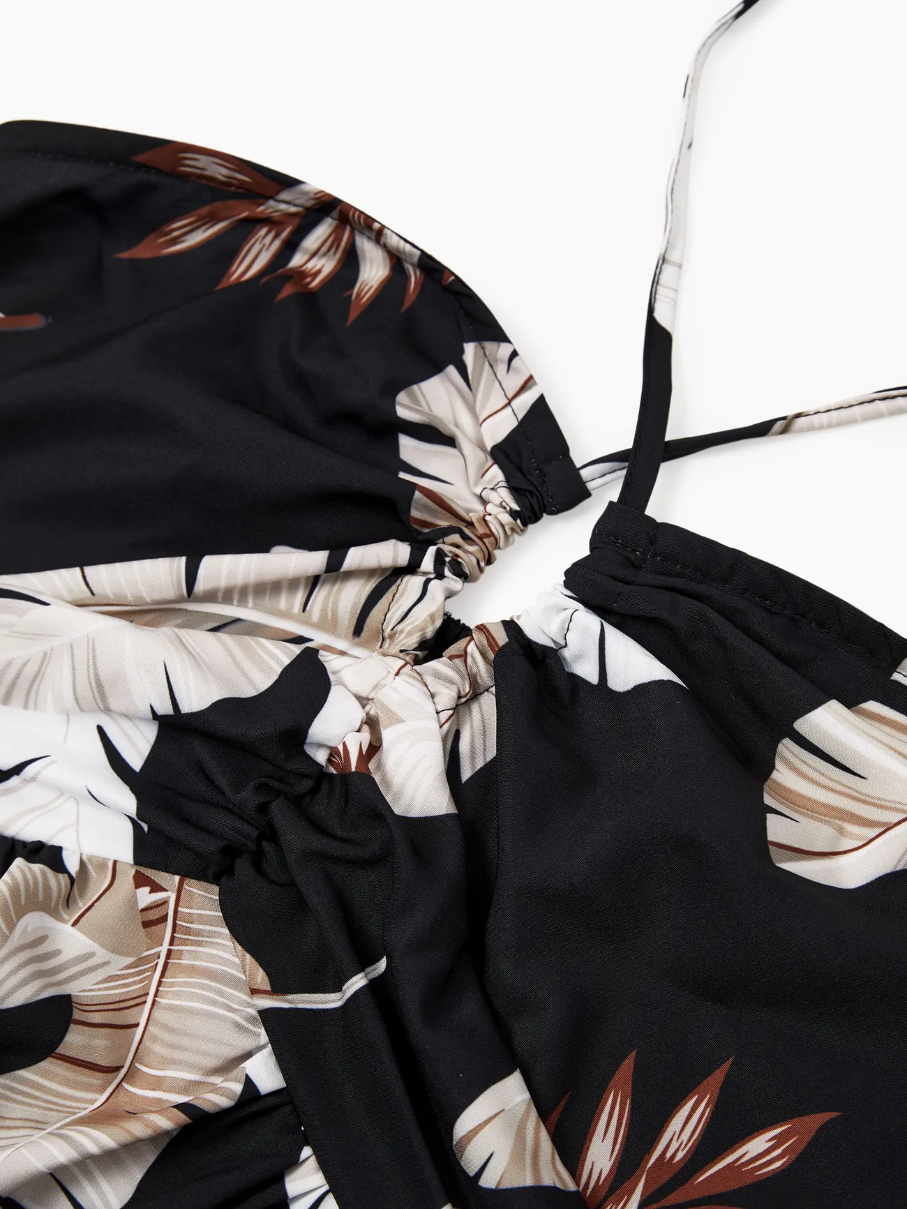 Women - Family Matching Set Leaf Print Black Short-sleeve Shirt or Sleeveless Halter Dress - Black - image 4