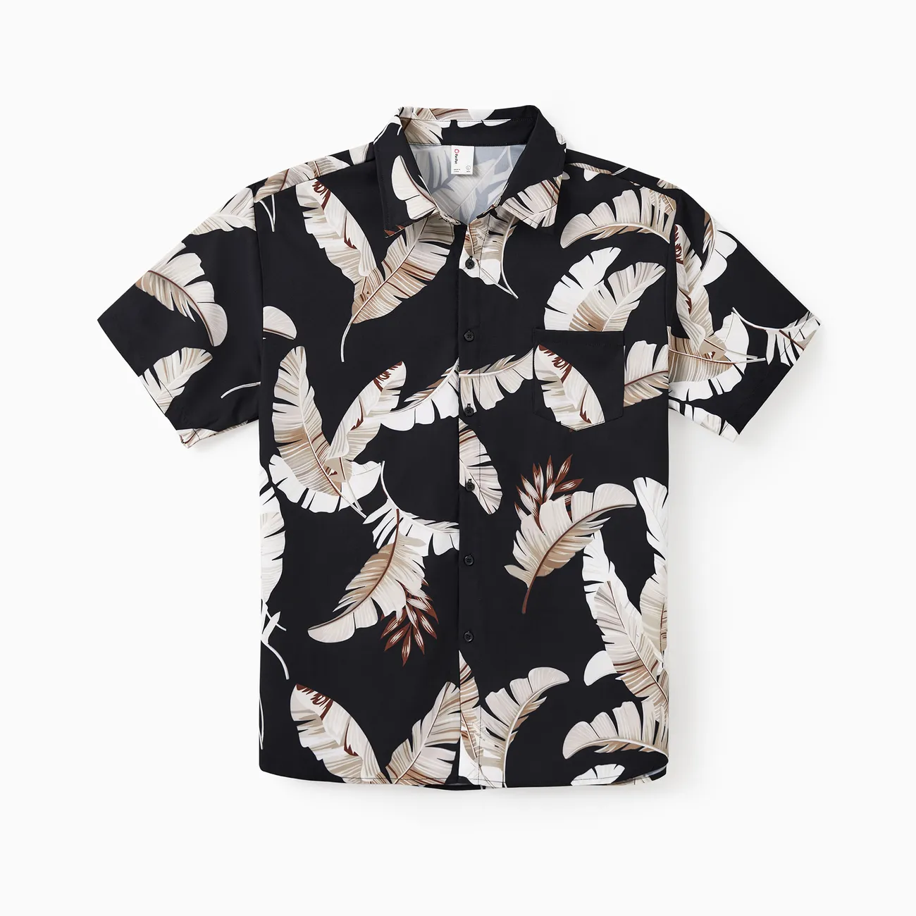 Family Matching Set Leaf Print Black Short-sleeve Shirt or Sleeveless Halter Dress