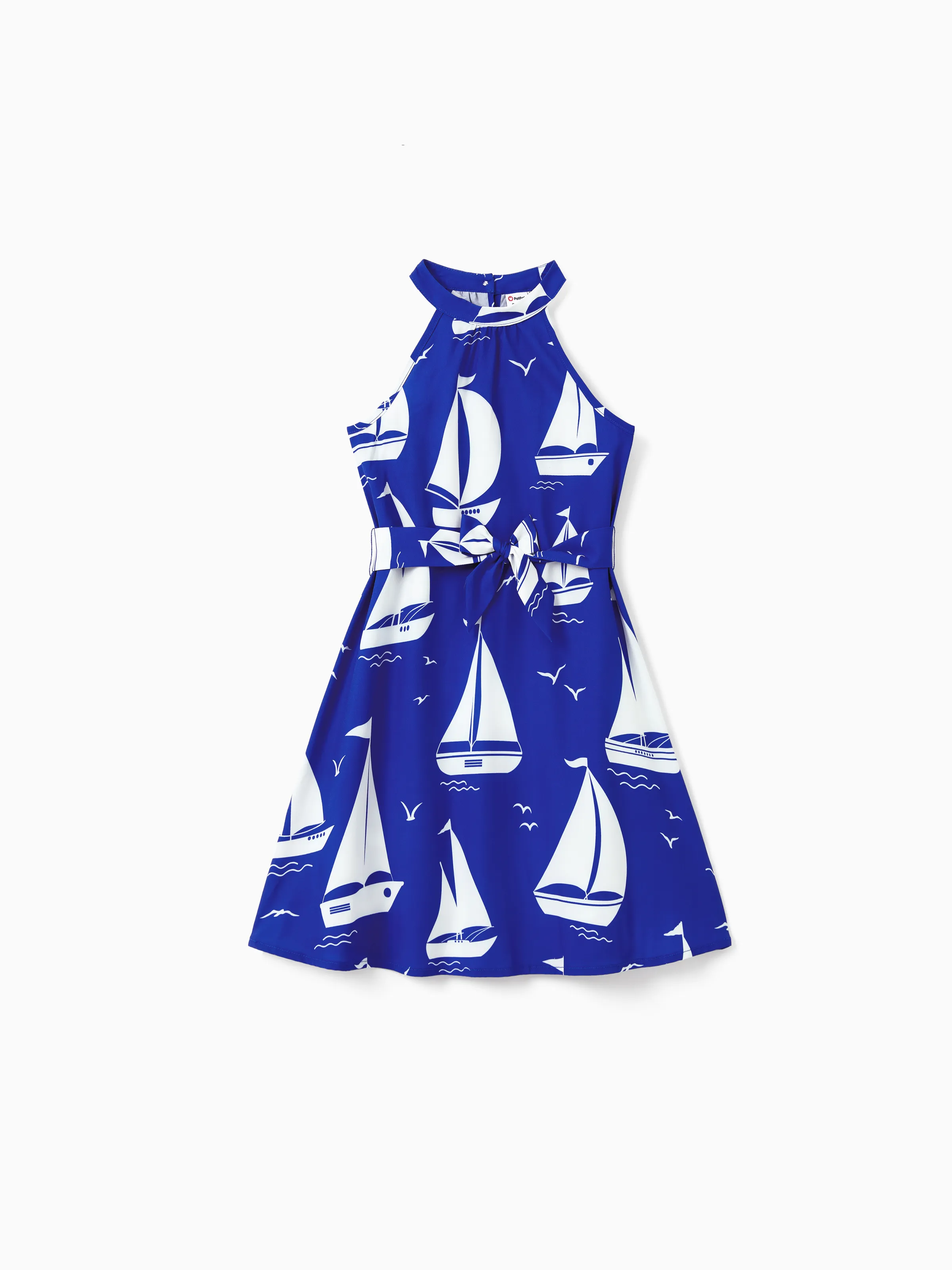 

Family Matching Blue Set Geometric Pattern 2-Piece Short-sleeve Shirt and Shorts Set or Halter Belted Dress