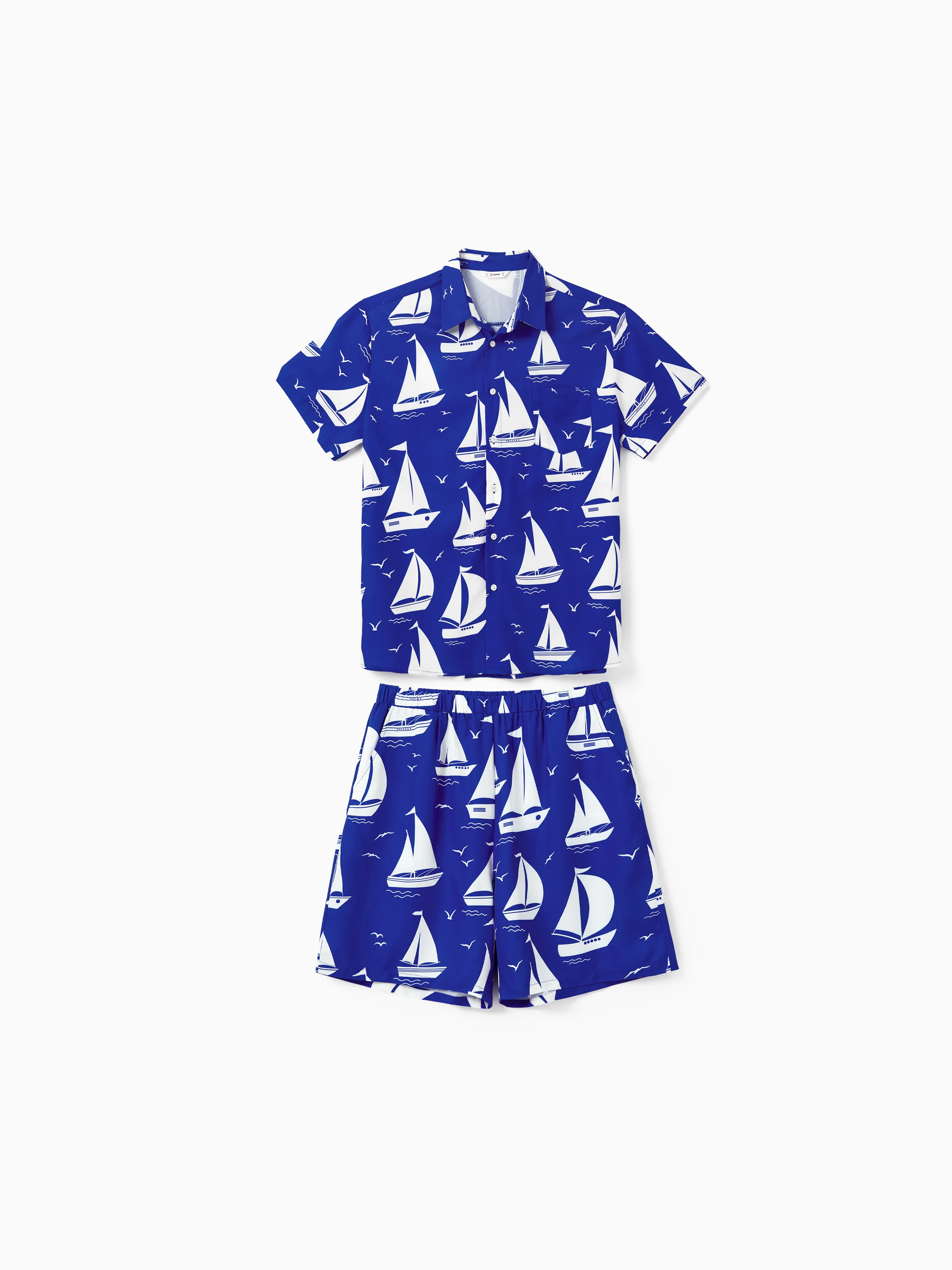 

Family Matching Blue Set Geometric Pattern 2-Piece Short-sleeve Shirt and Shorts Set or Halter Belted Dress