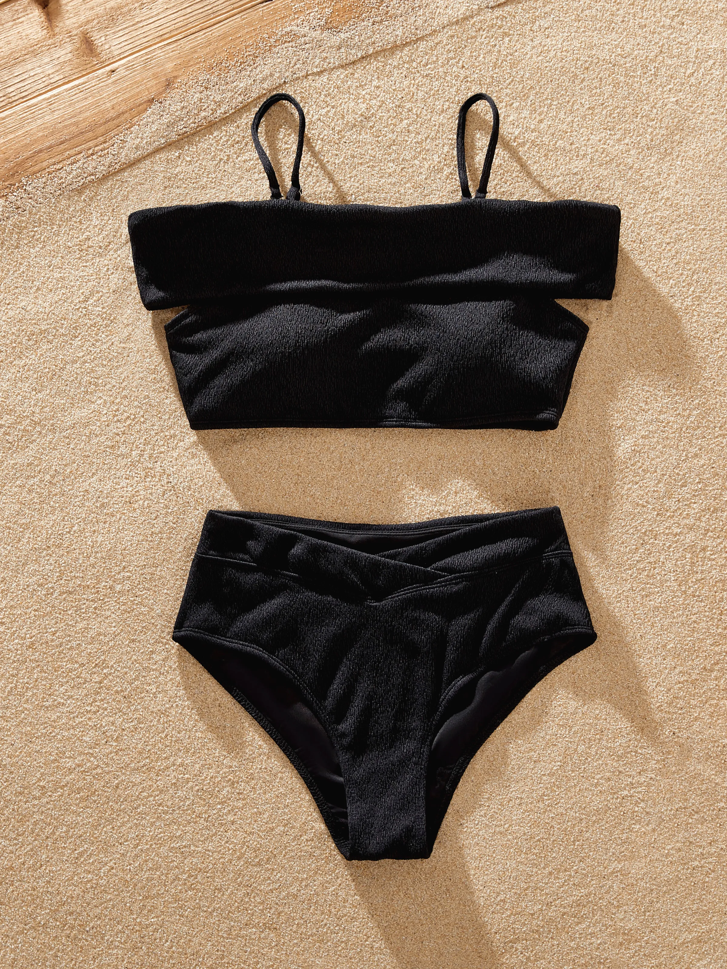 

Family Matching Black Stripe Swim Trunks or 2-piece Strap Off Shoulder Swimsuit