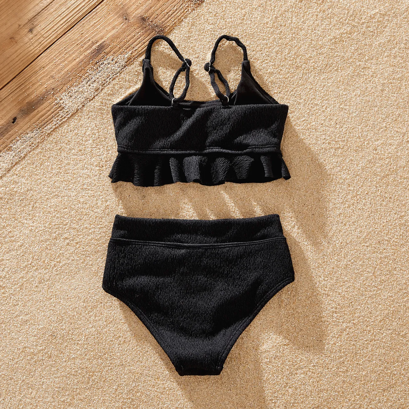 Girl - Black Family Matching Swimwear 2-piece Strap Off Shoulder Swimsuit and Stripe Swim Trunks - Black - image 10
