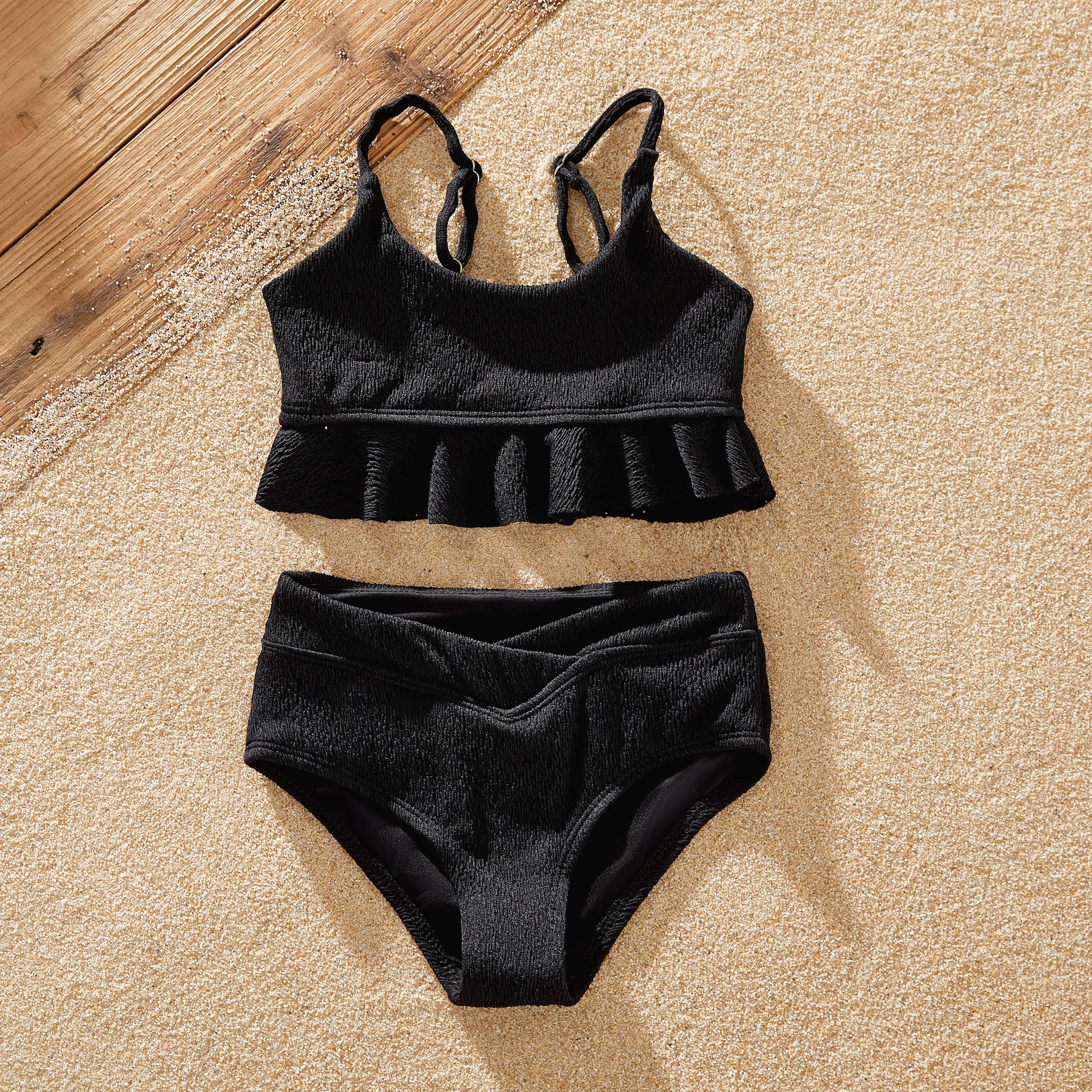 

Family Matching Black Stripe Swim Trunks or 2-piece Strap Off Shoulder Swimsuit