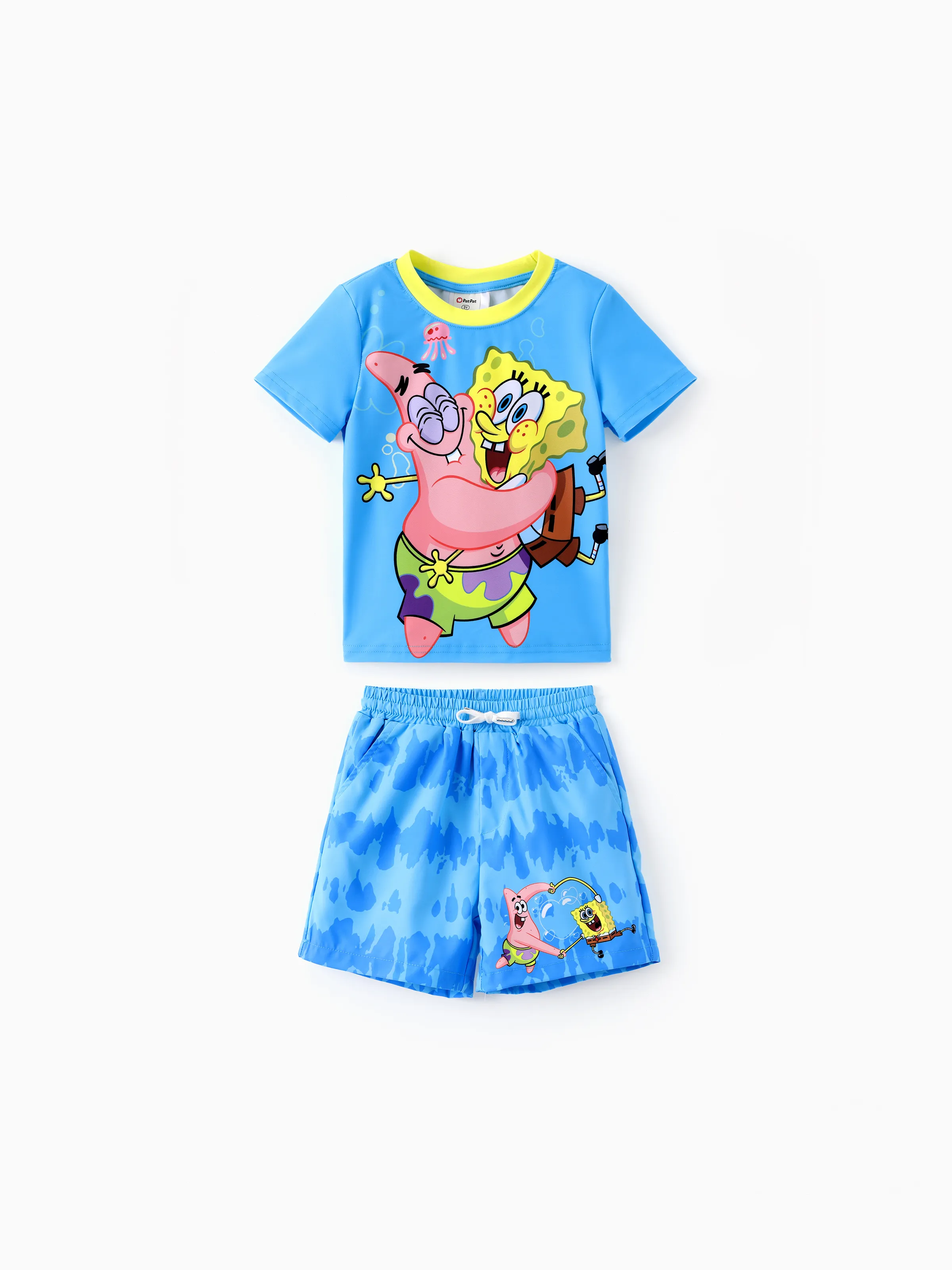 

SpongeBob SquarePants Toddler/Kid Boy 2pcs Palm Tree Striped Print UPF 50+ Rash Guard and Swim Trunk Set