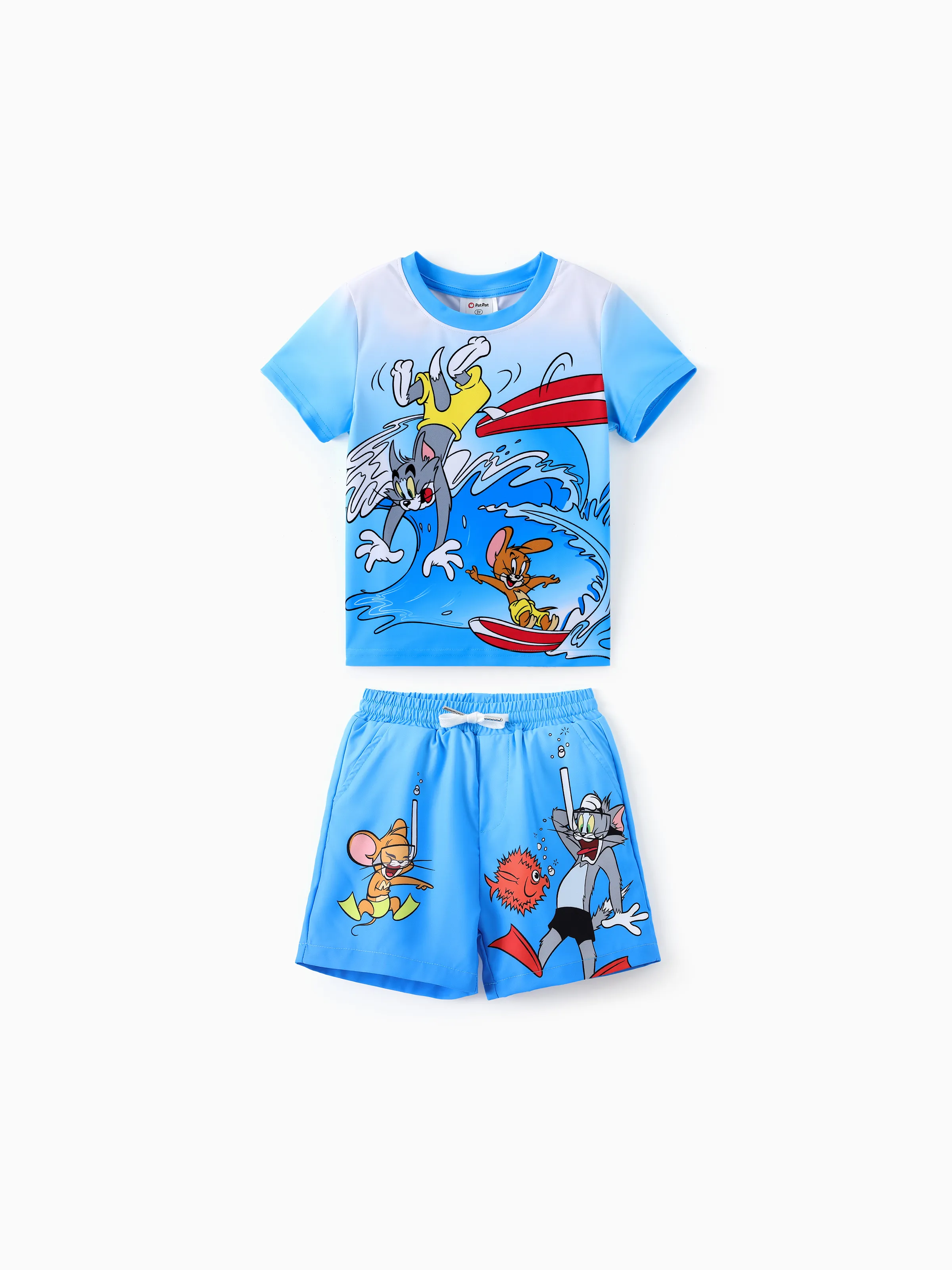 

Tom and Jerry Toddler Boy 2pcs Character Surfing Print Gradient Top And Shorts Swimwear Set