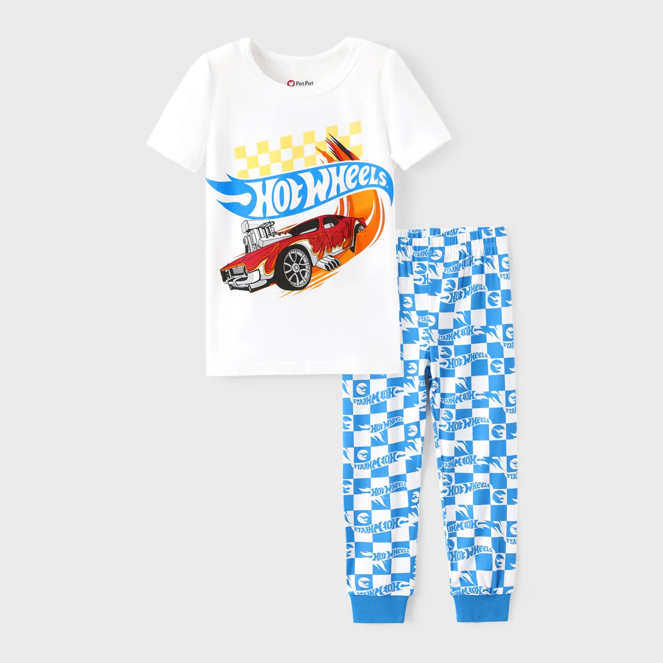 Hot Wheels Toddler Boy 2pcs Car Pattern Plaid Colorblock Bamboo Snug-Fitting Pajama Set