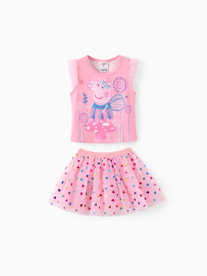 Peppa Pig Toddler Girl 2pcs Fairy Heart Pattern Ruffle-sleeve Top And Skirt Set