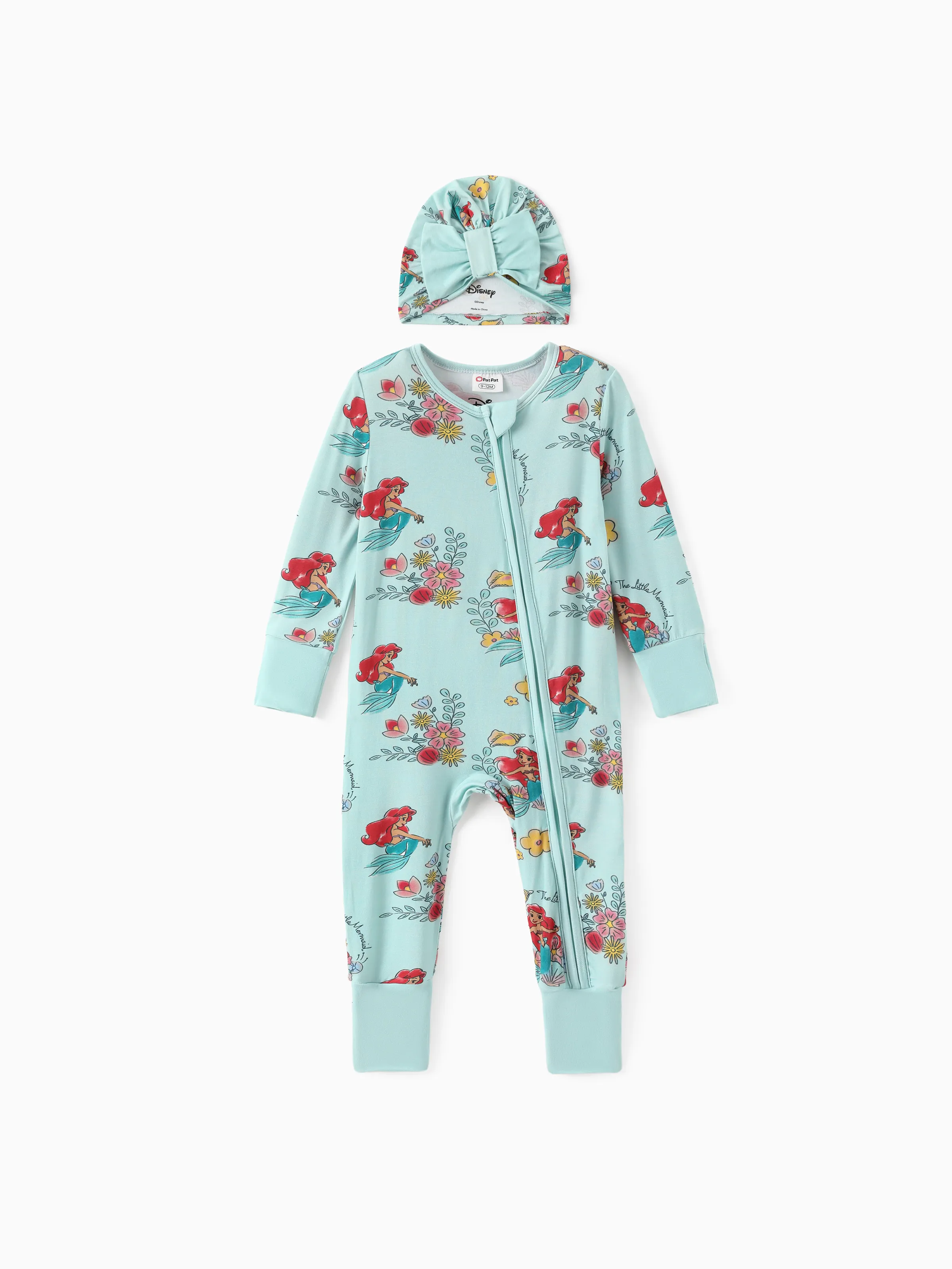 

Disney Princess Baby Girl Bamboo Beller/Ariel/Cinderella Enveloping Cuffs Zipper Jumpsuit with Bowknot Hat Set