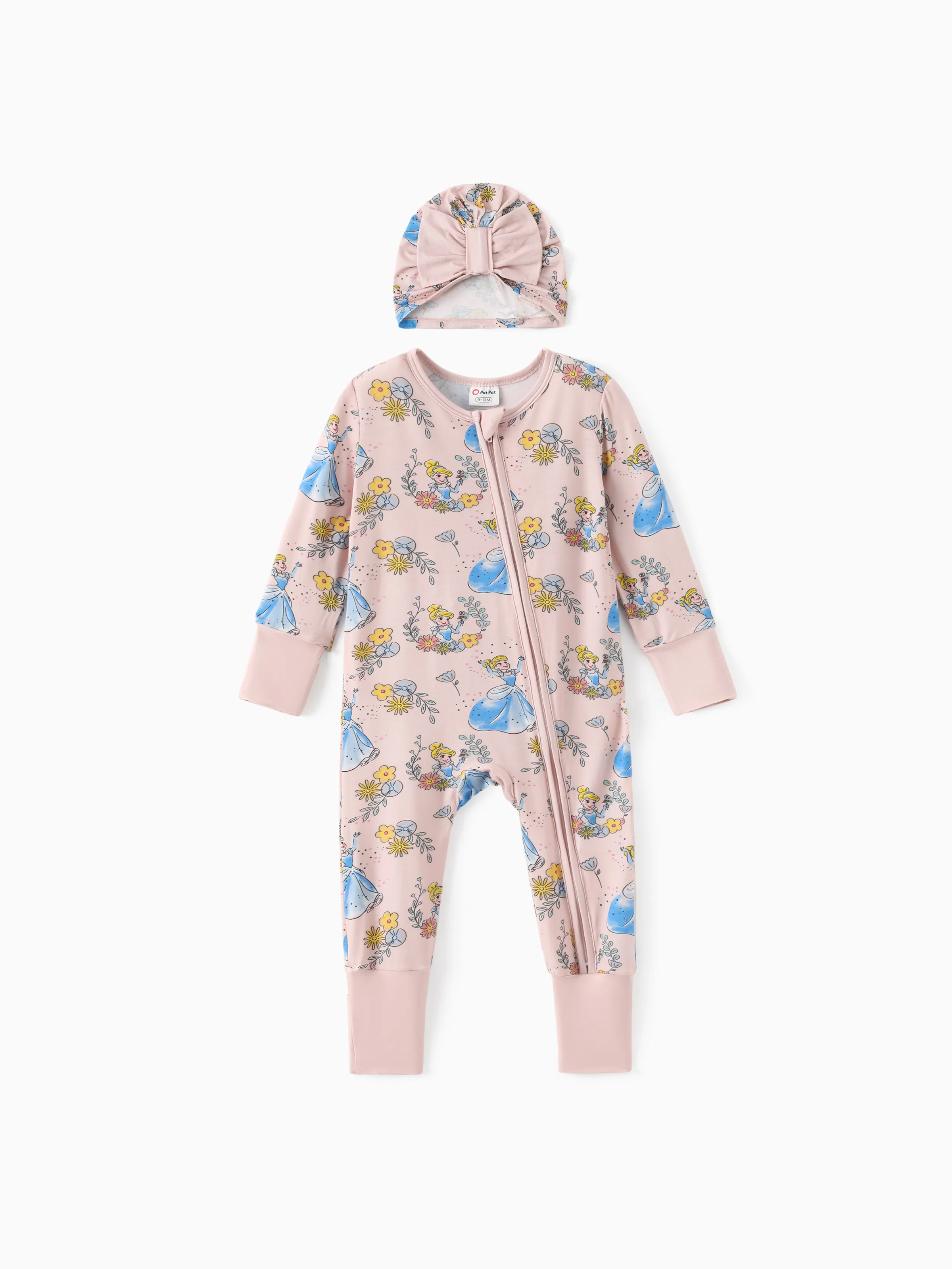 

Disney Princess Baby Girl Bamboo Beller/Ariel/Cinderella Enveloping Cuffs Zipper Jumpsuit with Bowknot Hat Set