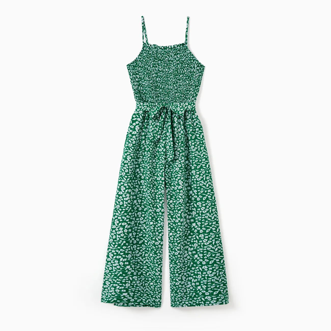 Matching Floral Print Green Smocked Strap Jumpsuits for Mommy and Me