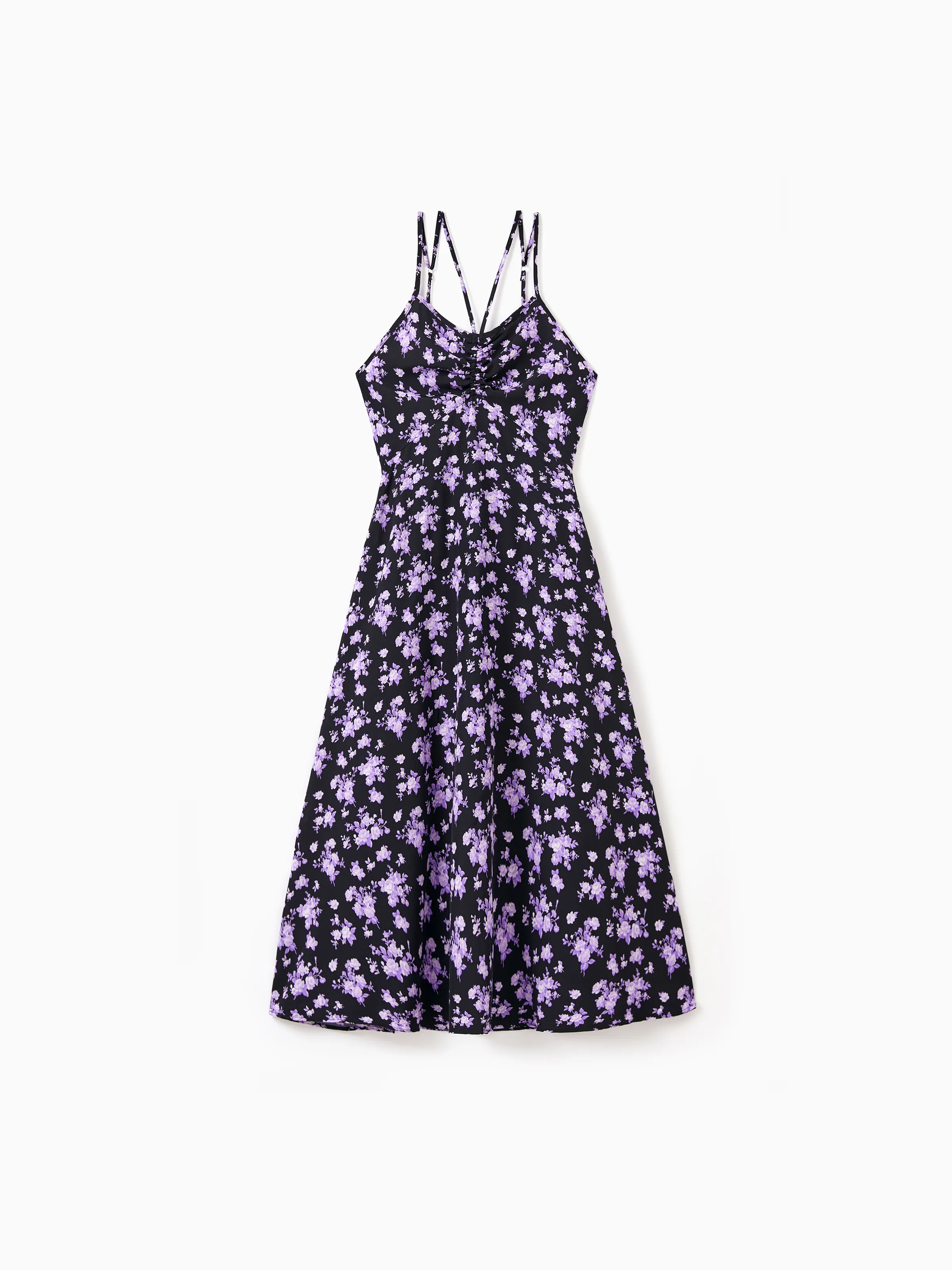 

Family Matching Sets Black Short Sleeves Tee or Drawstring Front Shirred Back Strap Satin Slip Dress