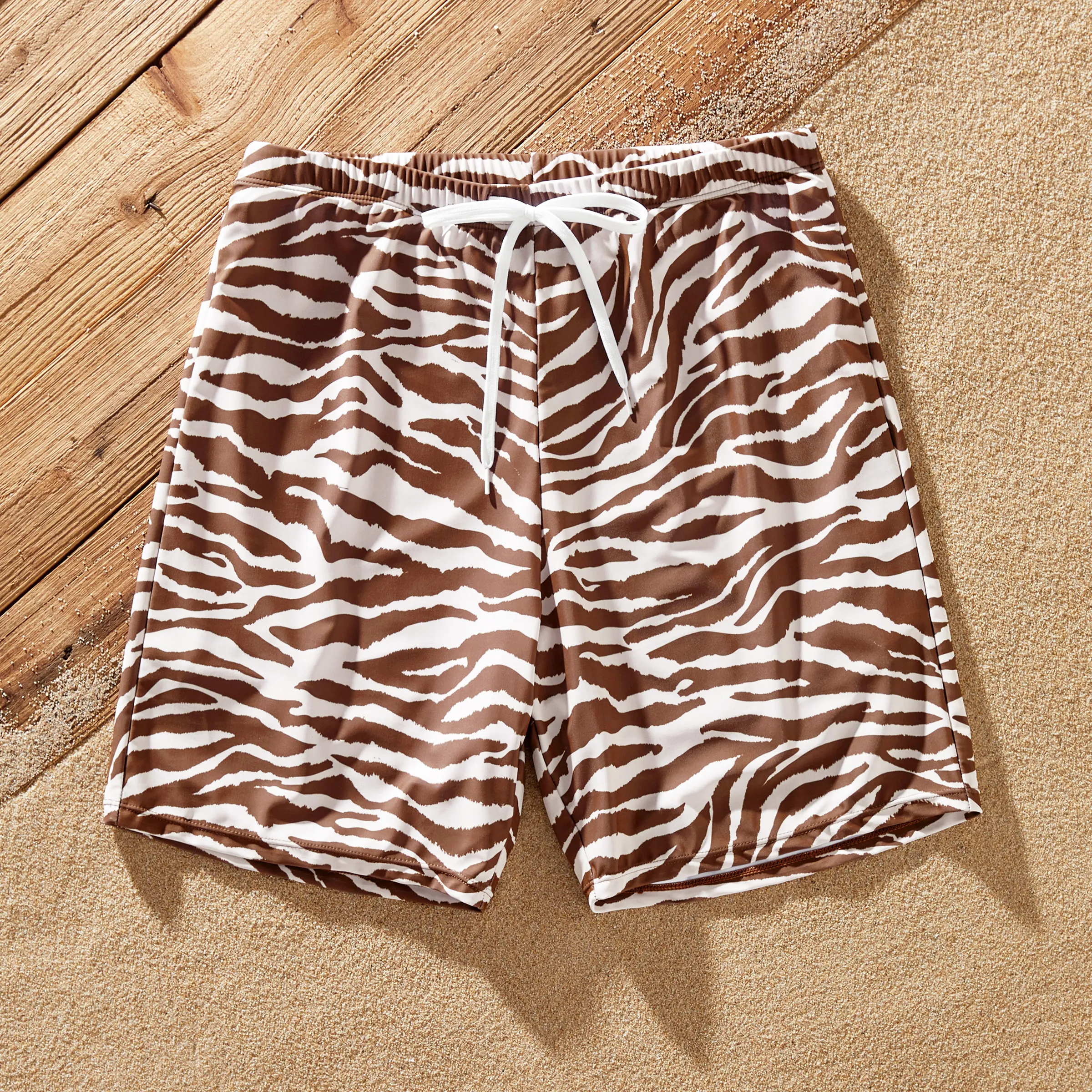 

Family Matching Zebra Stripe Swim Trunks or Ruffle 2-piece Bikini Swimwear With Cover up Skirt