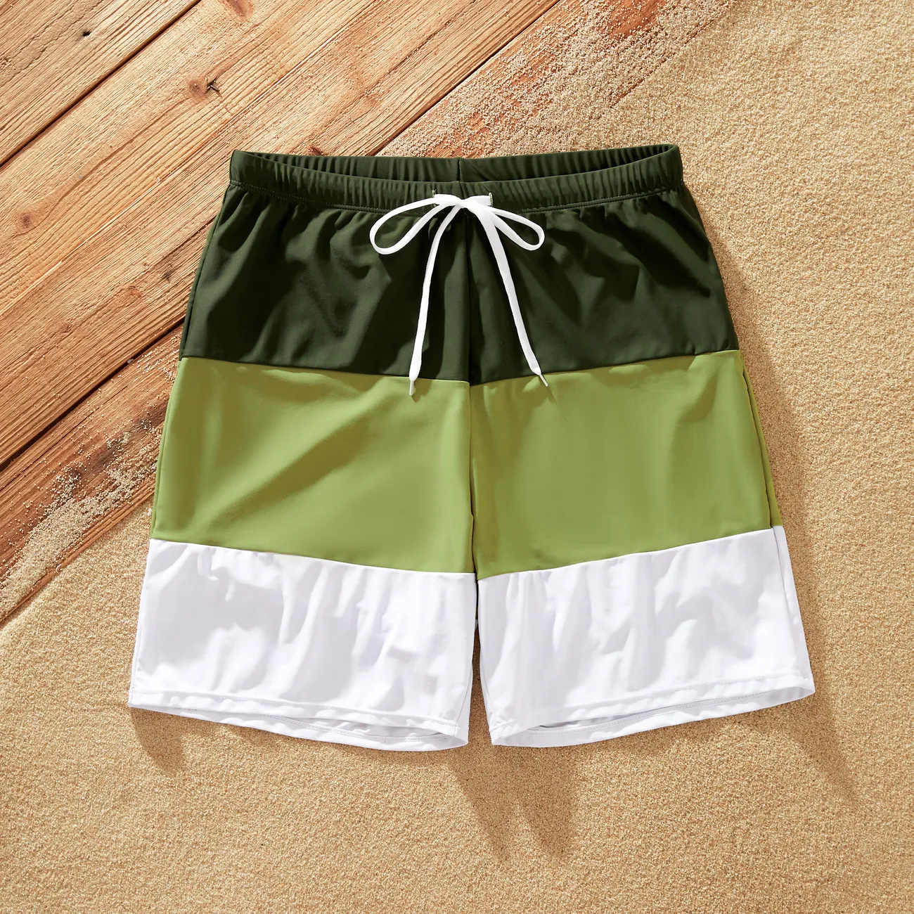 Family Matching Swimsuits Green & White Color Block Swim Trunks or Textured Ribbed 2-Piece High-Waisted Bikini Summer Beach Swimwear Set