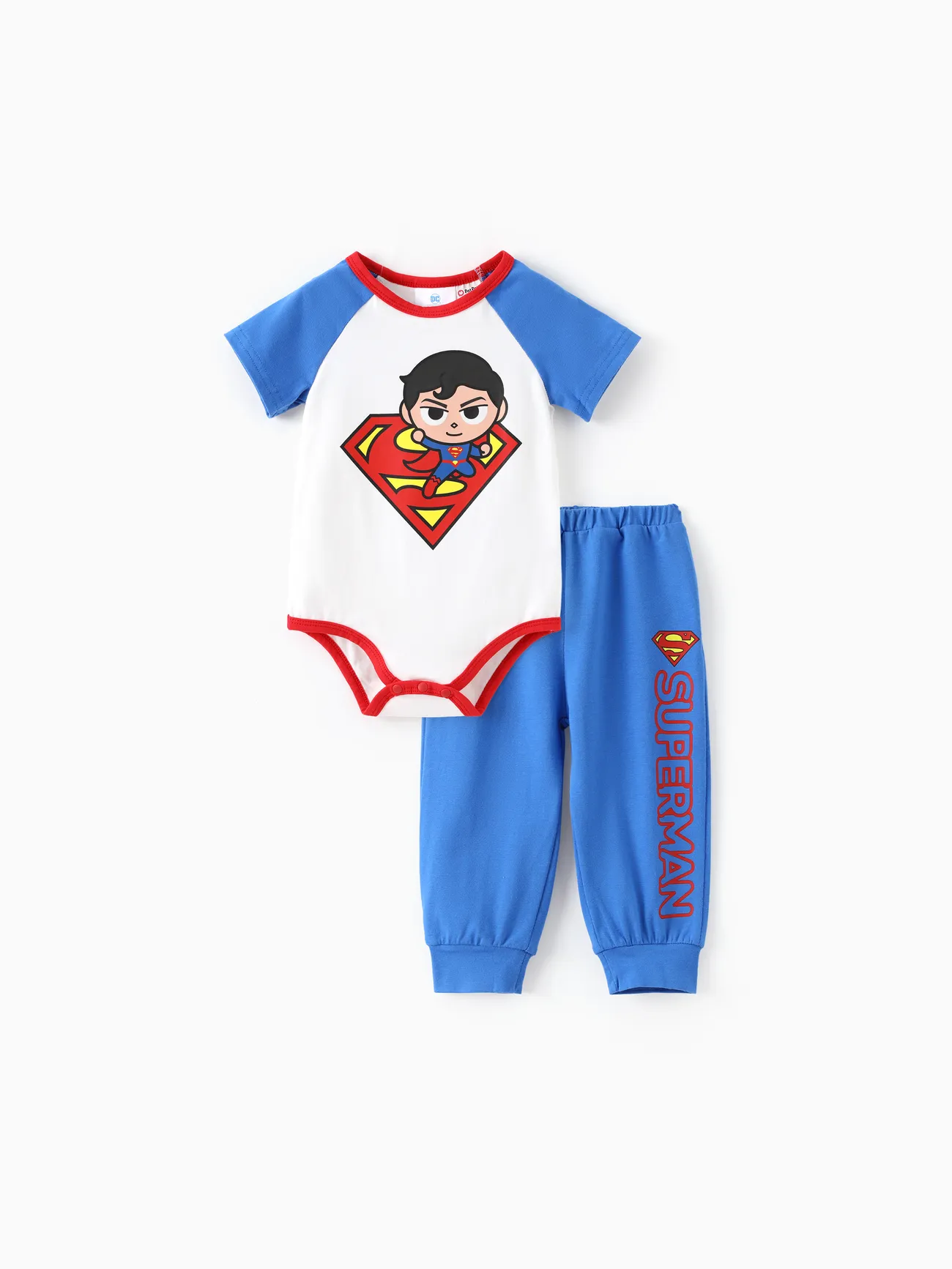 Justice League Baby Boy 2pcs Cotton Batman/Superman Print Colorblock Romper and Pants Set  Blue