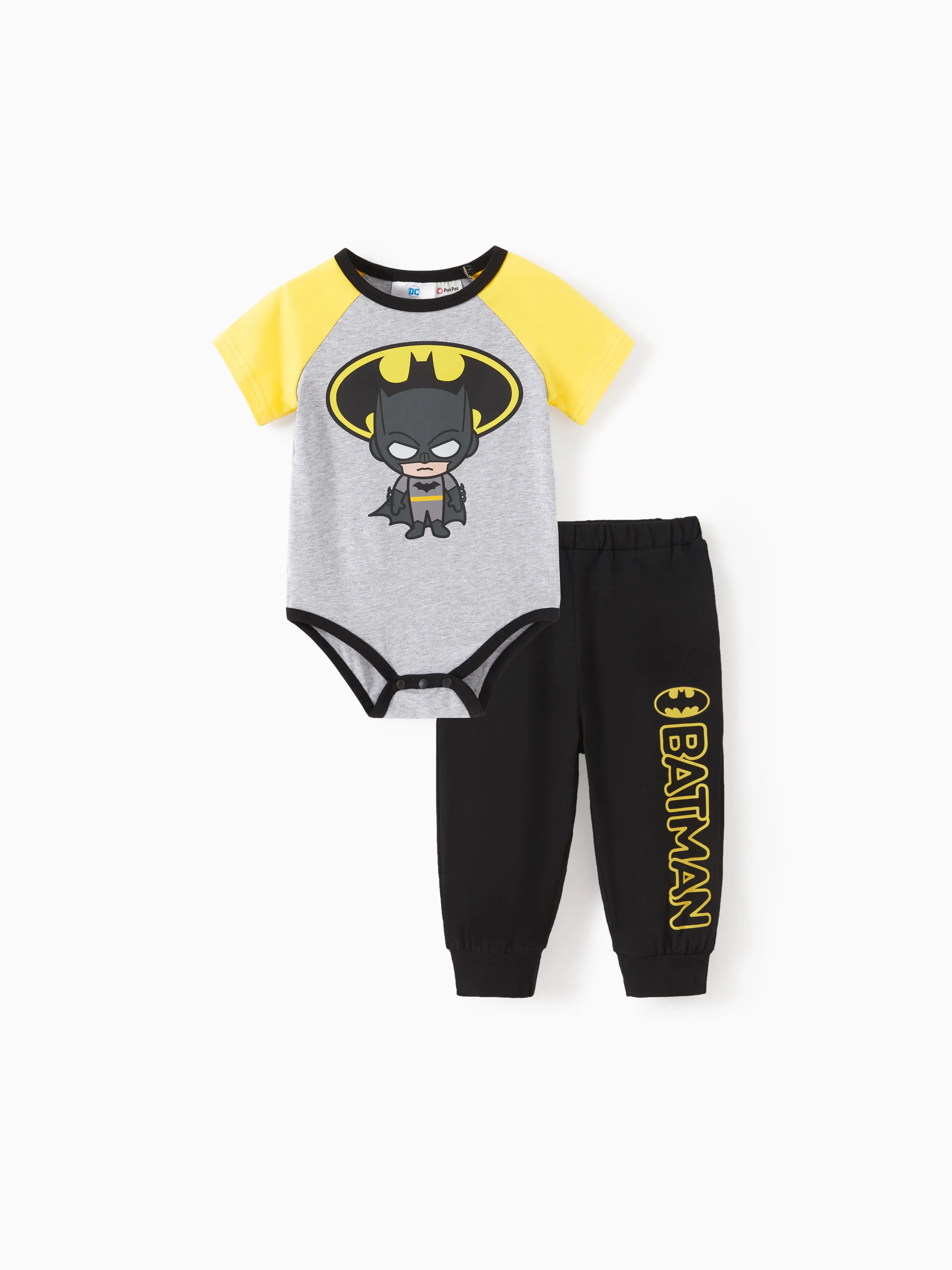 Justice League Baby Boy 2pcs Cotton Batman/Superman Print Colorblock Romper and Pants Set  Yellow