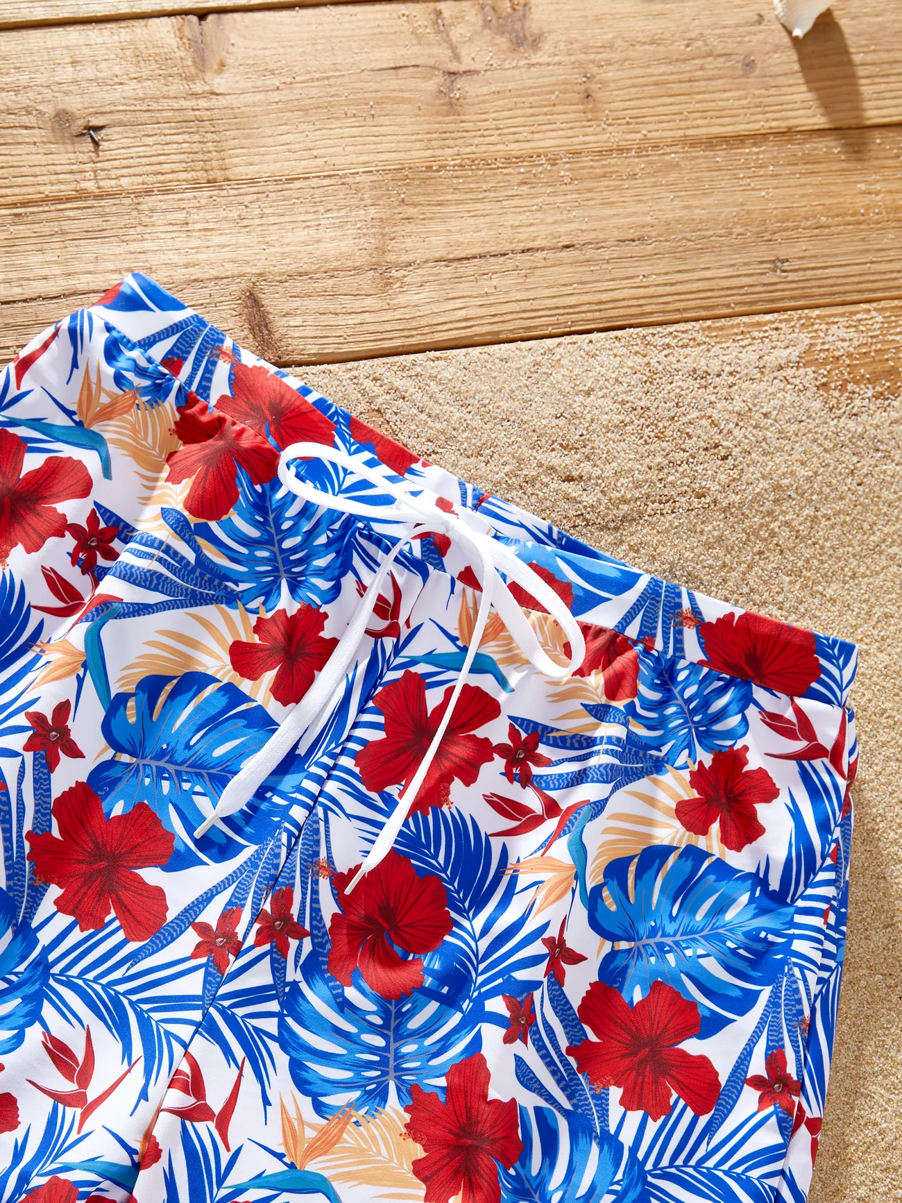Men - Family Matching Allover Plant Print Swim Trunks or Scallop Trim One-piece Halter Backless Swimsuit - Color block - image 21