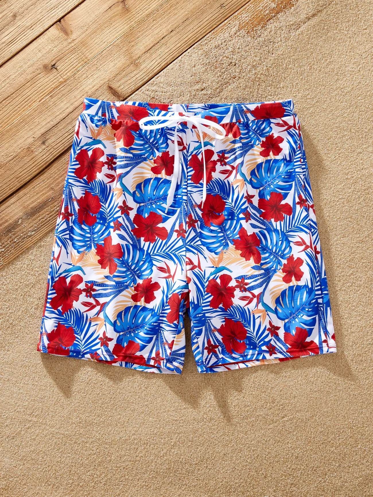 Men - Family Matching Allover Plant Print Swim Trunks or Scallop Trim One-piece Halter Backless Swimsuit - Color block - image 19