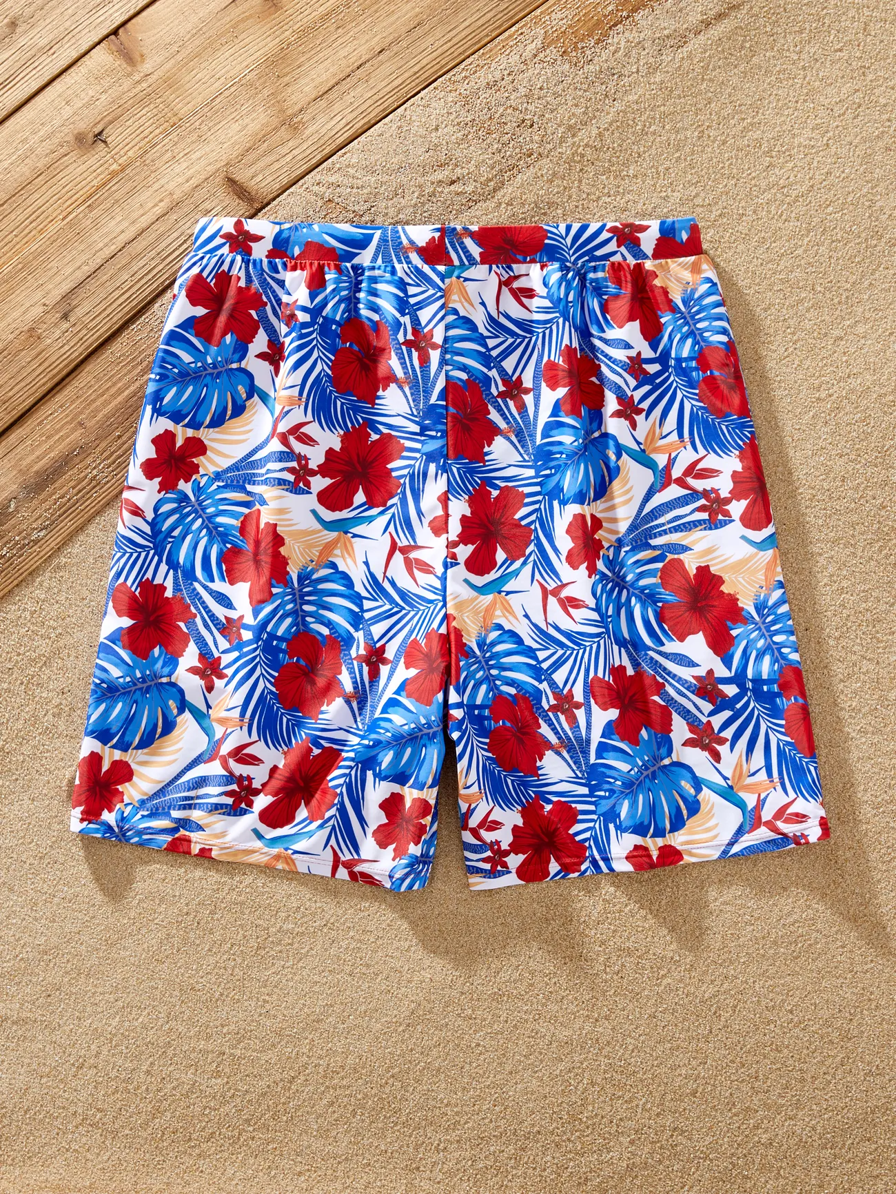 Men - Family Matching Allover Plant Print Swim Trunks or Scallop Trim One-piece Halter Backless Swimsuit - Color block - image 20