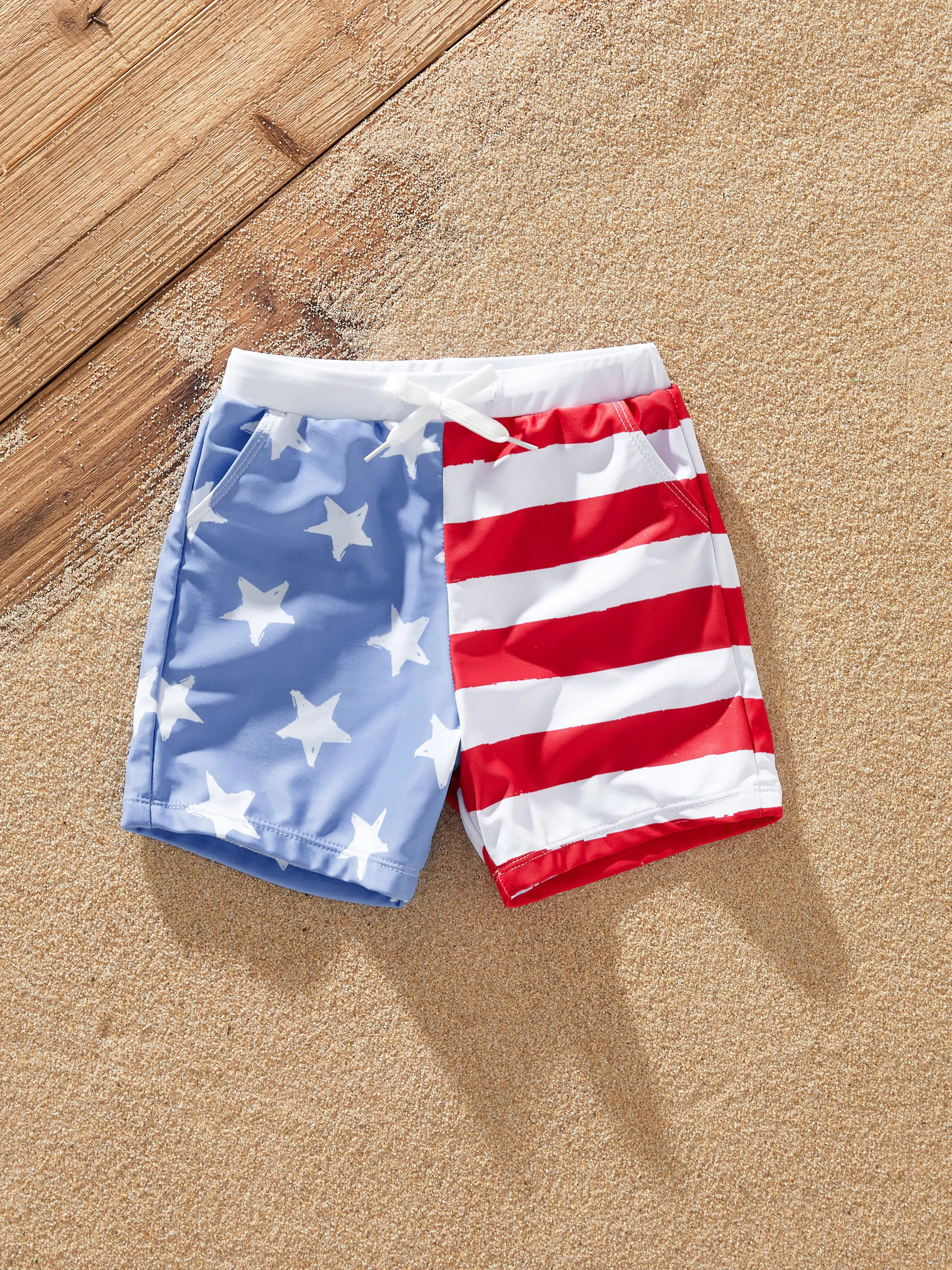 

Independence Day 4th of July Family Matching Patriotic Swimwear Stars and Stripes Board Shorts or Ruffled Layers V-neck One-Piece Swimsuits