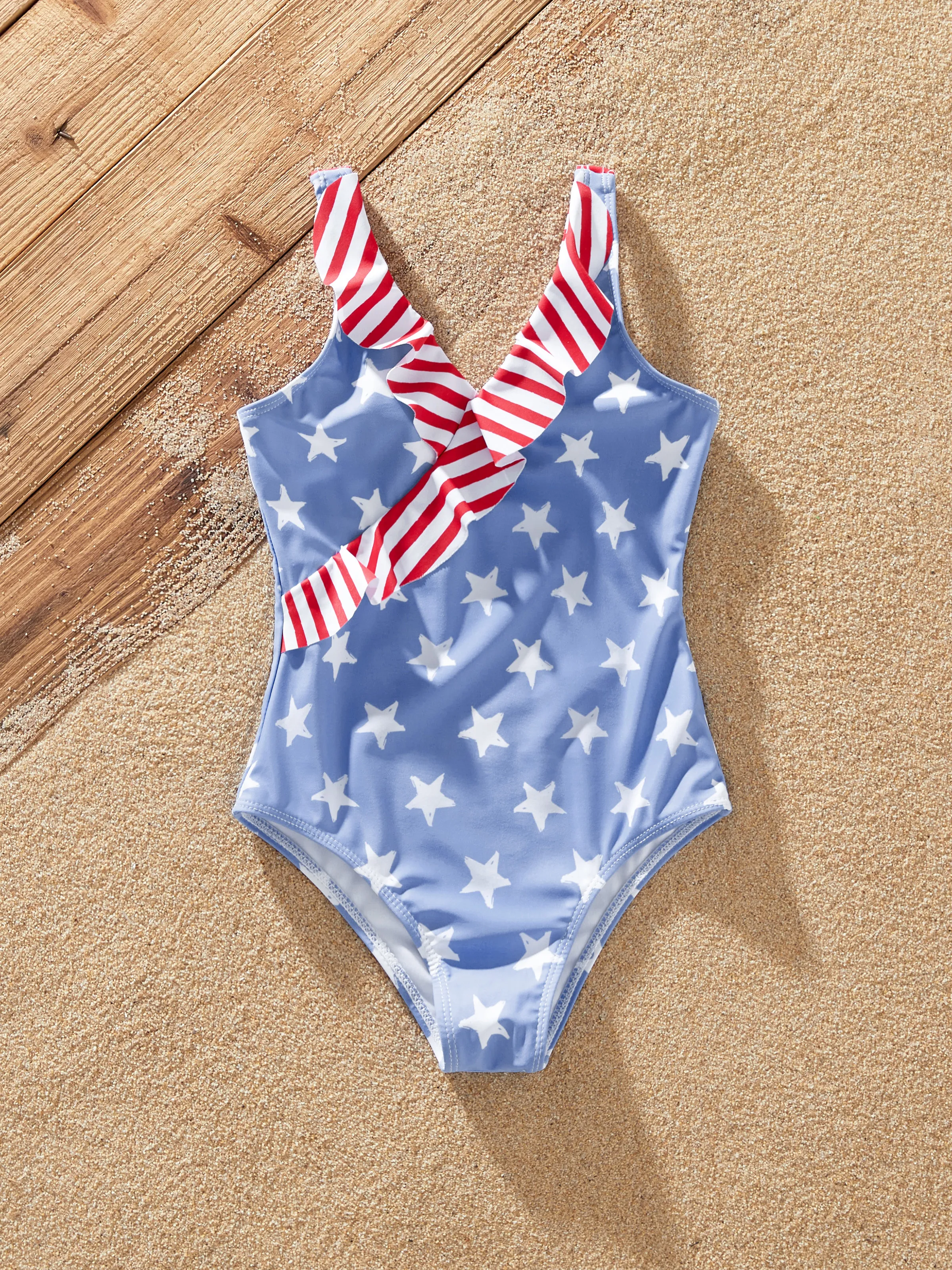 

Independence Day 4th of July Family Matching Patriotic Swimwear Stars and Stripes Board Shorts or Ruffled Layers V-neck One-Piece Swimsuits