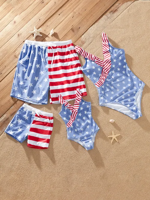 Independence Day 4th of July Family Matching Patriotic Swimwear Stars and Stripes Board Shorts or Ruffled Layers V-neck One-Piece Swimsuits