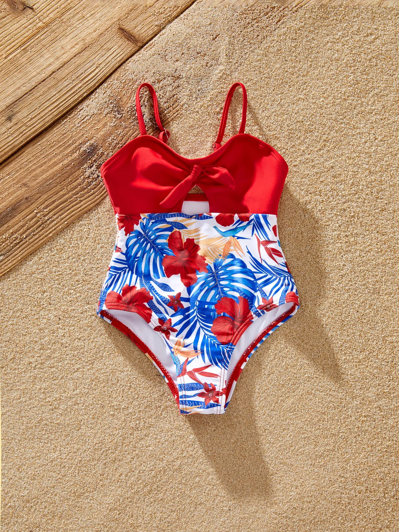 Girl - Family Matching Allover Plant Print Swim Trunks or Scallop Trim One-piece Halter Backless Swimsuit - Color block - image 9