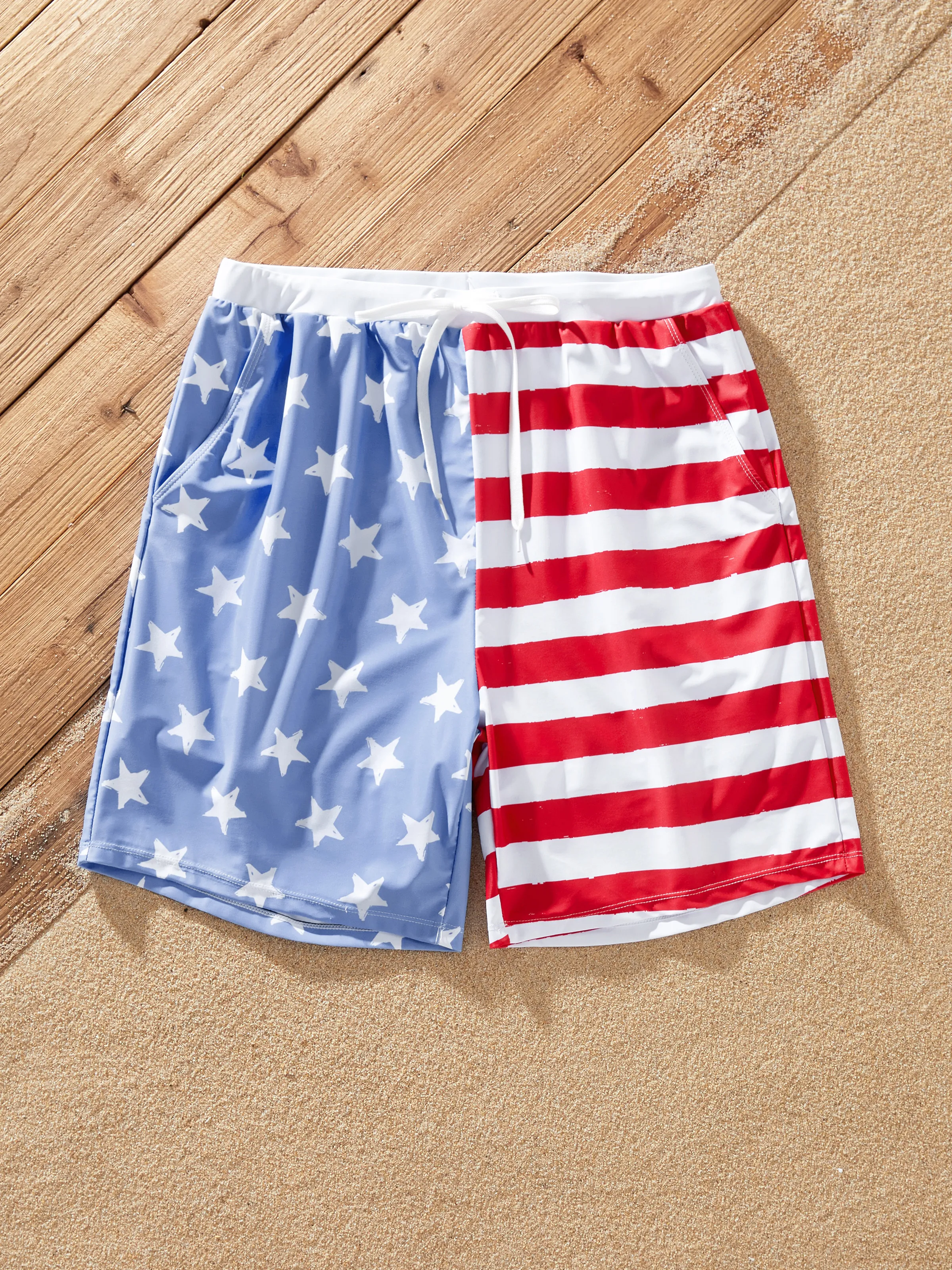 

Independence Day 4th of July Family Matching Patriotic Swimwear Stars and Stripes Board Shorts or Ruffled Layers V-neck One-Piece Swimsuits