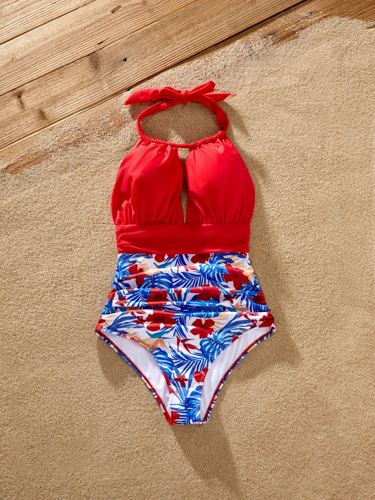 Women - Family Matching Allover Plant Print Swim Trunks or Scallop Trim One-piece Halter Backless Swimsuit - Color block - image 4