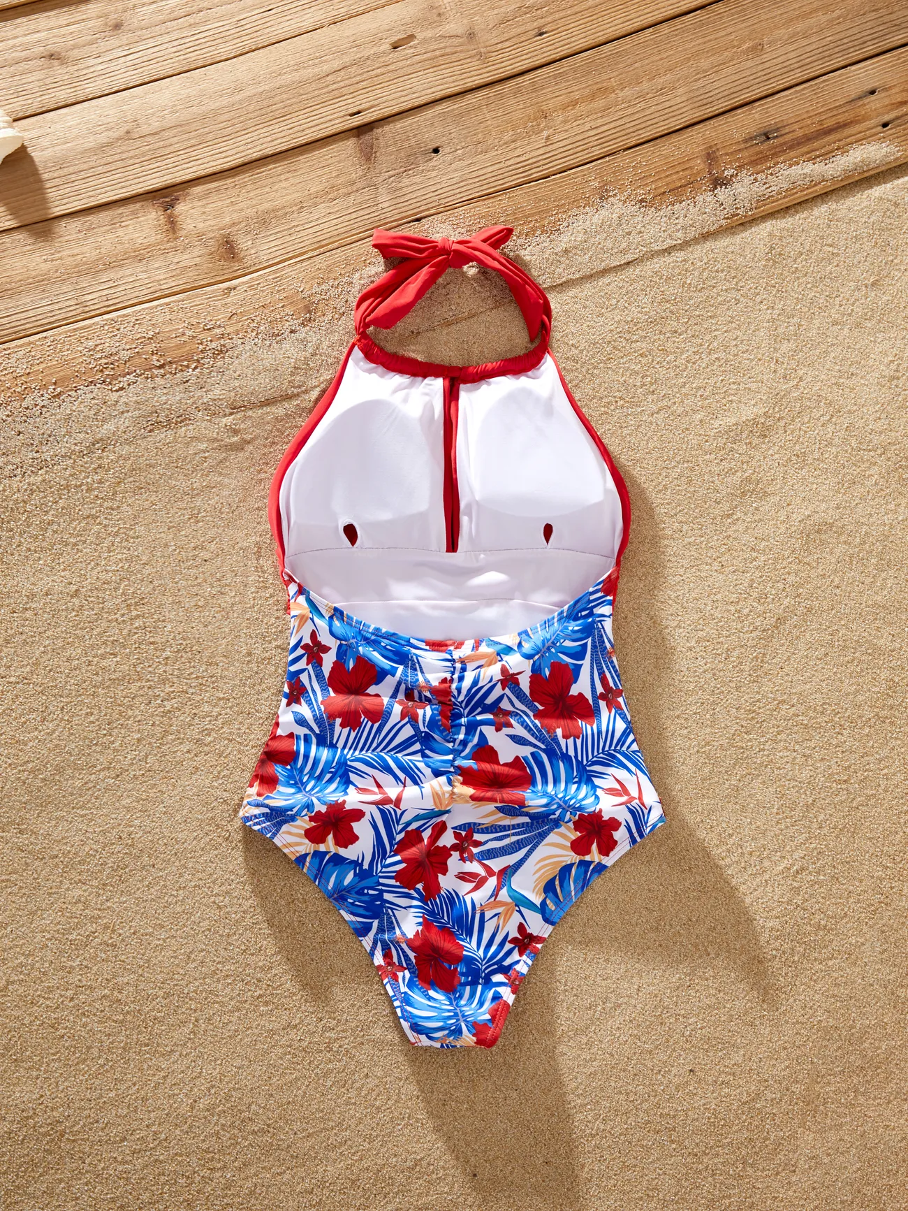 Women - Family Matching Allover Plant Print Swim Trunks or Scallop Trim One-piece Halter Backless Swimsuit - Color block - image 5
