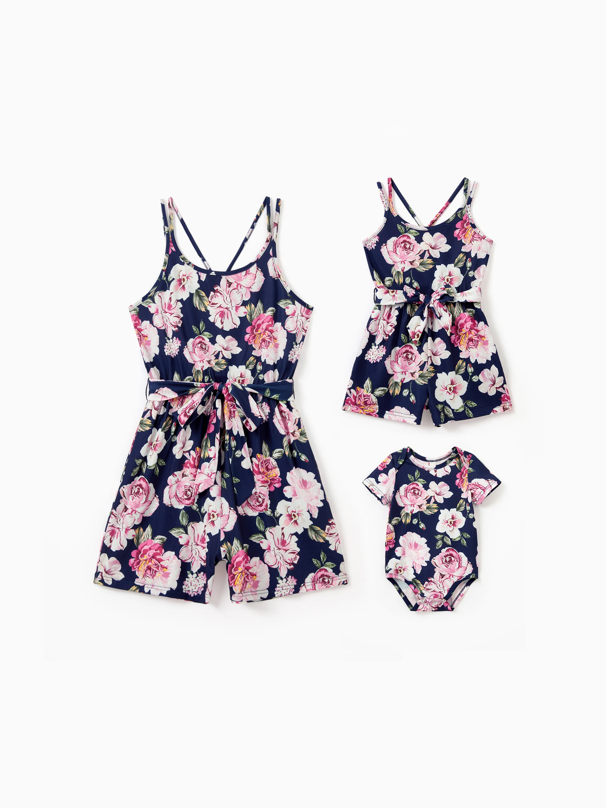 Mommy and Me Matching Rompers Floral Summer Jumpsuits for Mom, Girl & Baby Sleeveless Tie Waist One-Piece Outfits