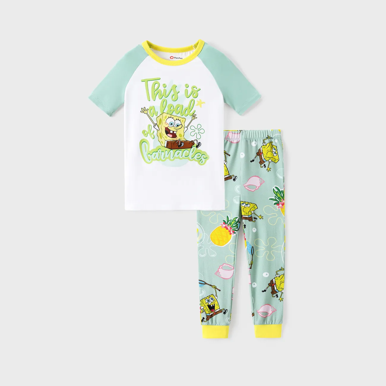 SpongeBob SquarePants Family matching Pineapple Print Colorblock Short-sleeve Top And Pants Snug-Fitting Pajamas Set