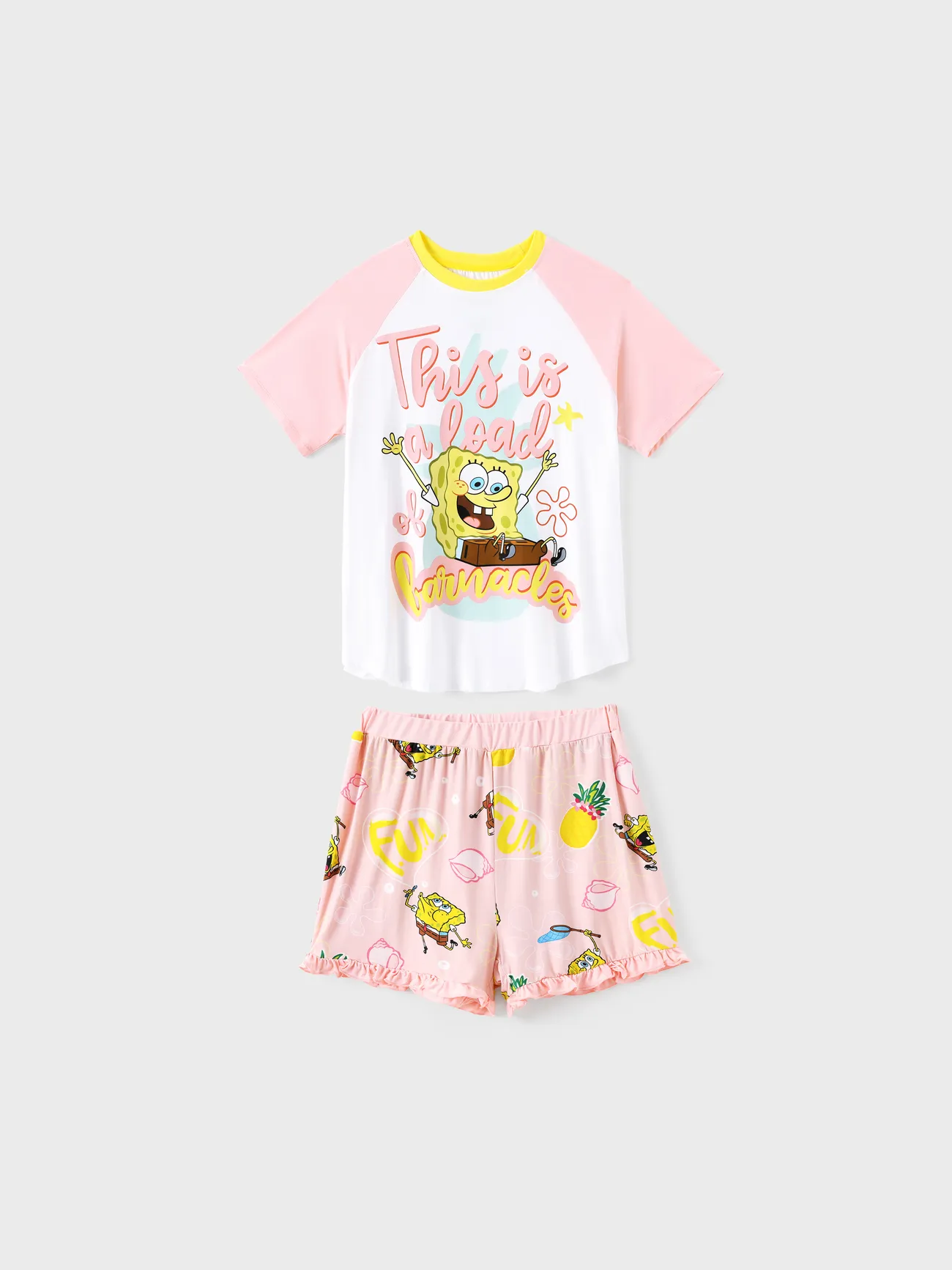 Women - SpongeBob SquarePants Family matching Pineapple Print Colorblock Short-sleeve Top And Pants Snug-Fitting Pajamas Set - Multi-color - image 2