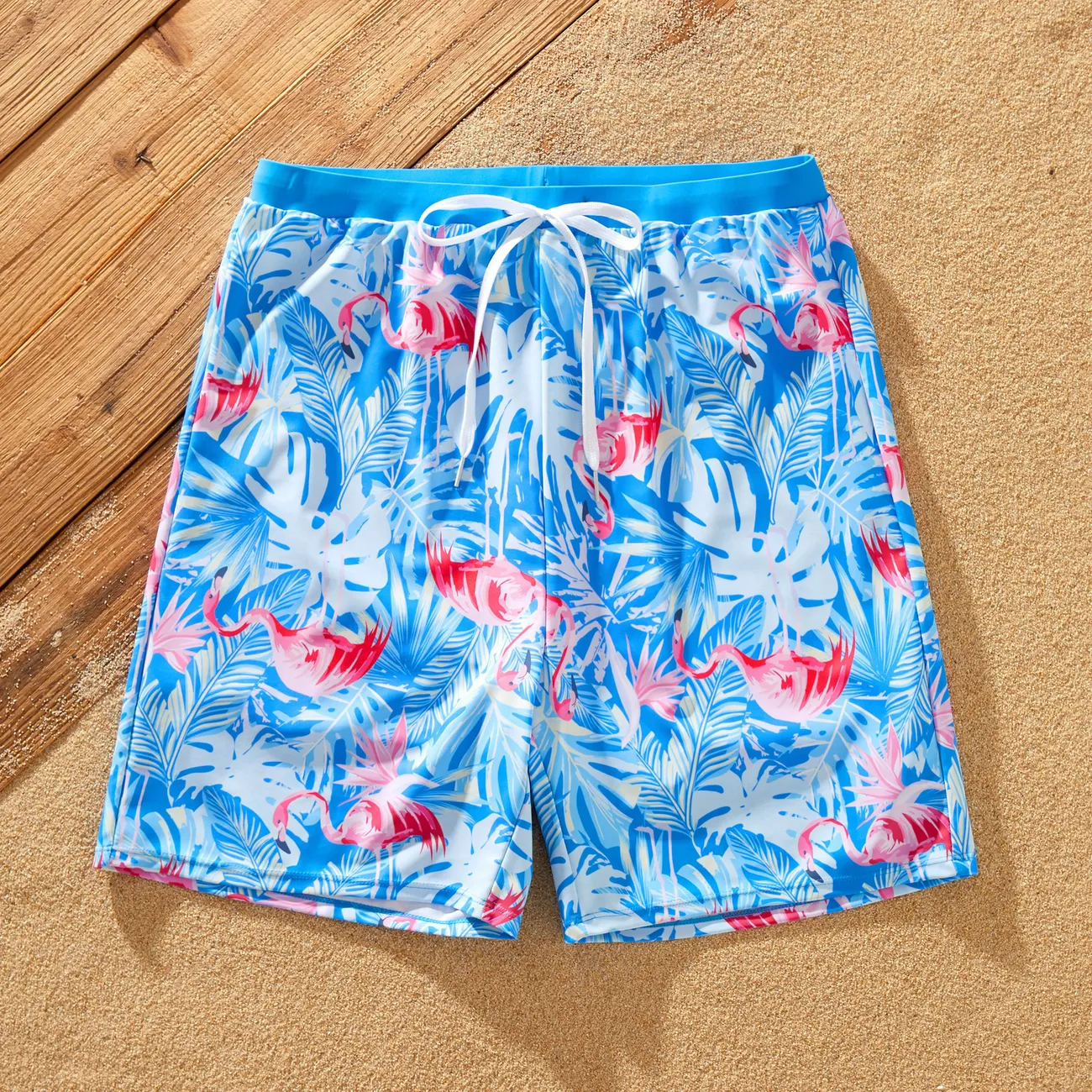 Matching Family Blue Swimsuit Flamingo Print Swim Trunks or Elasticized Mesh Splicing One piece Swimwear