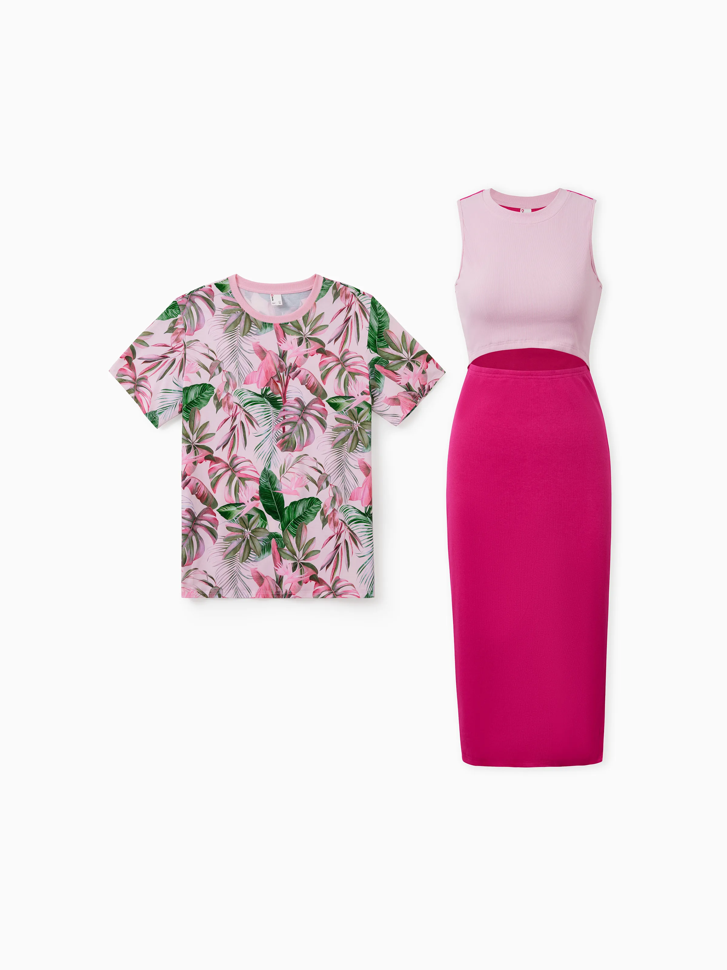 Atuendos de pareja a juego con la familia Camiseta con estampado de hojas tropicales o vestidos sin mangas de color rosa intenso 