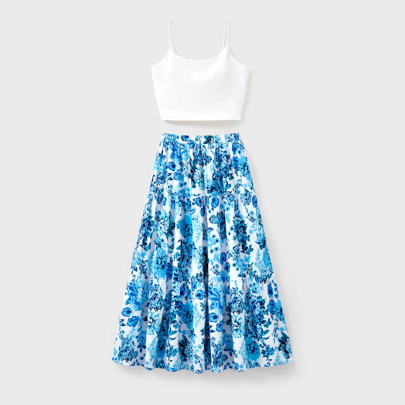 Family Matching Outfits White Camisole Top and Blue Floral Print Skirt Co-ord Set or Colorblock Short-sleeve T-shirt