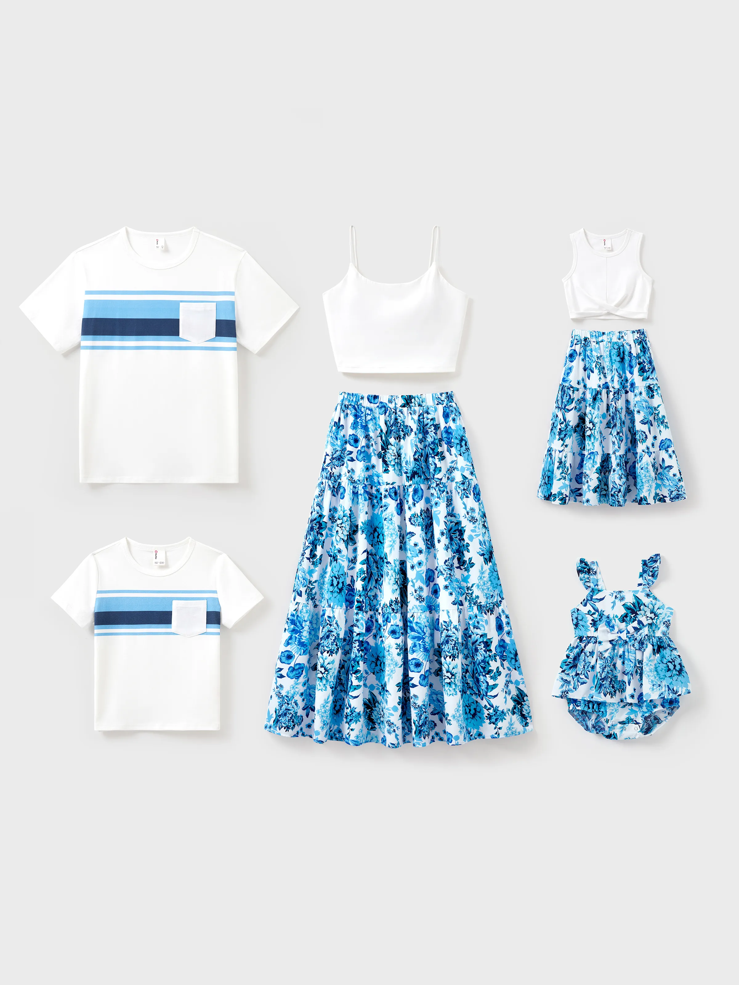 Family Matching Outfits White Camisole Top and Blue Floral Print Skirt Co-ord Set or Colorblock Short-sleeve T-shirt