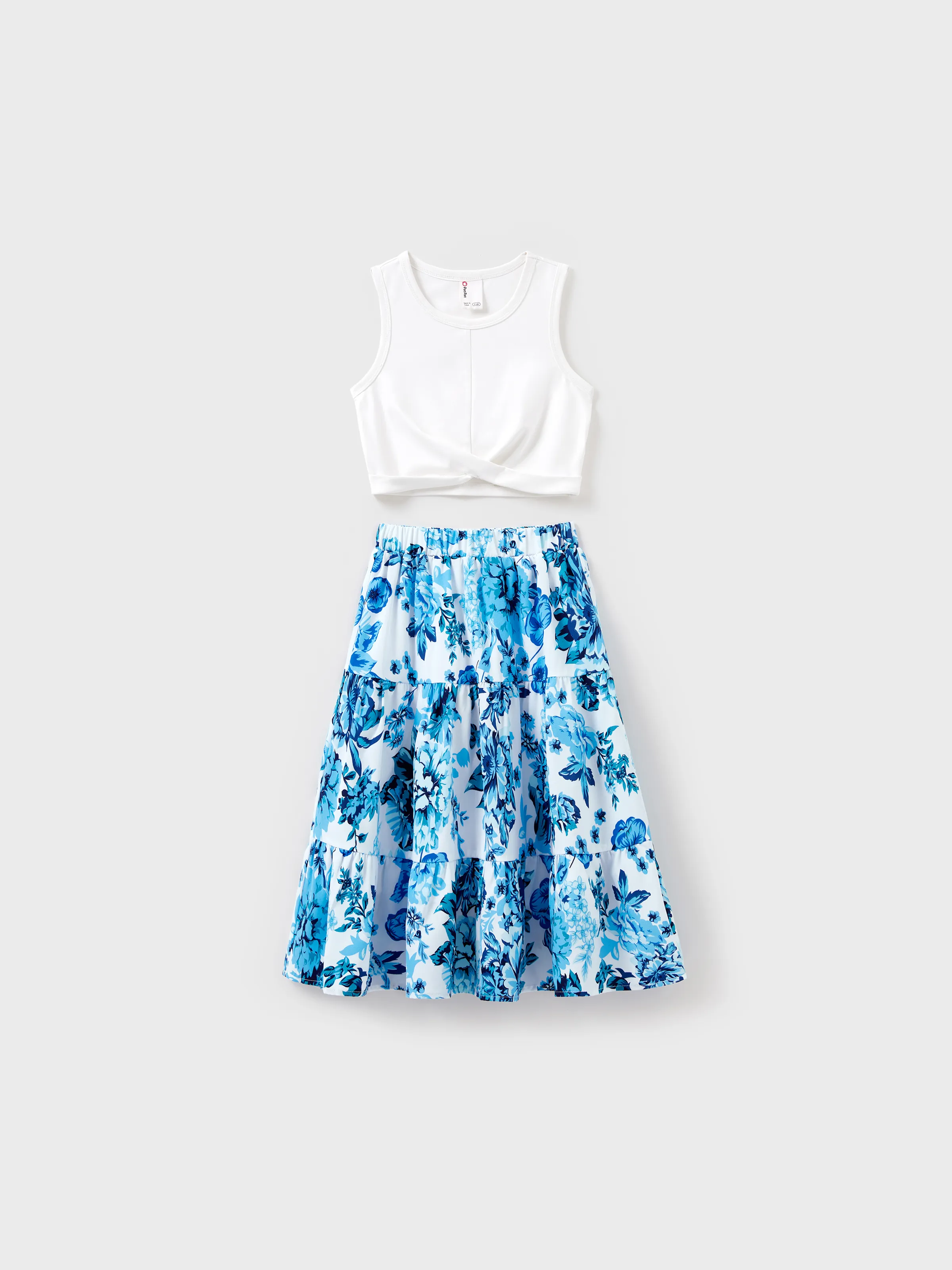 

Family Matching Outfits White Camisole Top and Blue Floral Print Skirt Co-ord Set or Colorblock Short-sleeve T-shirt