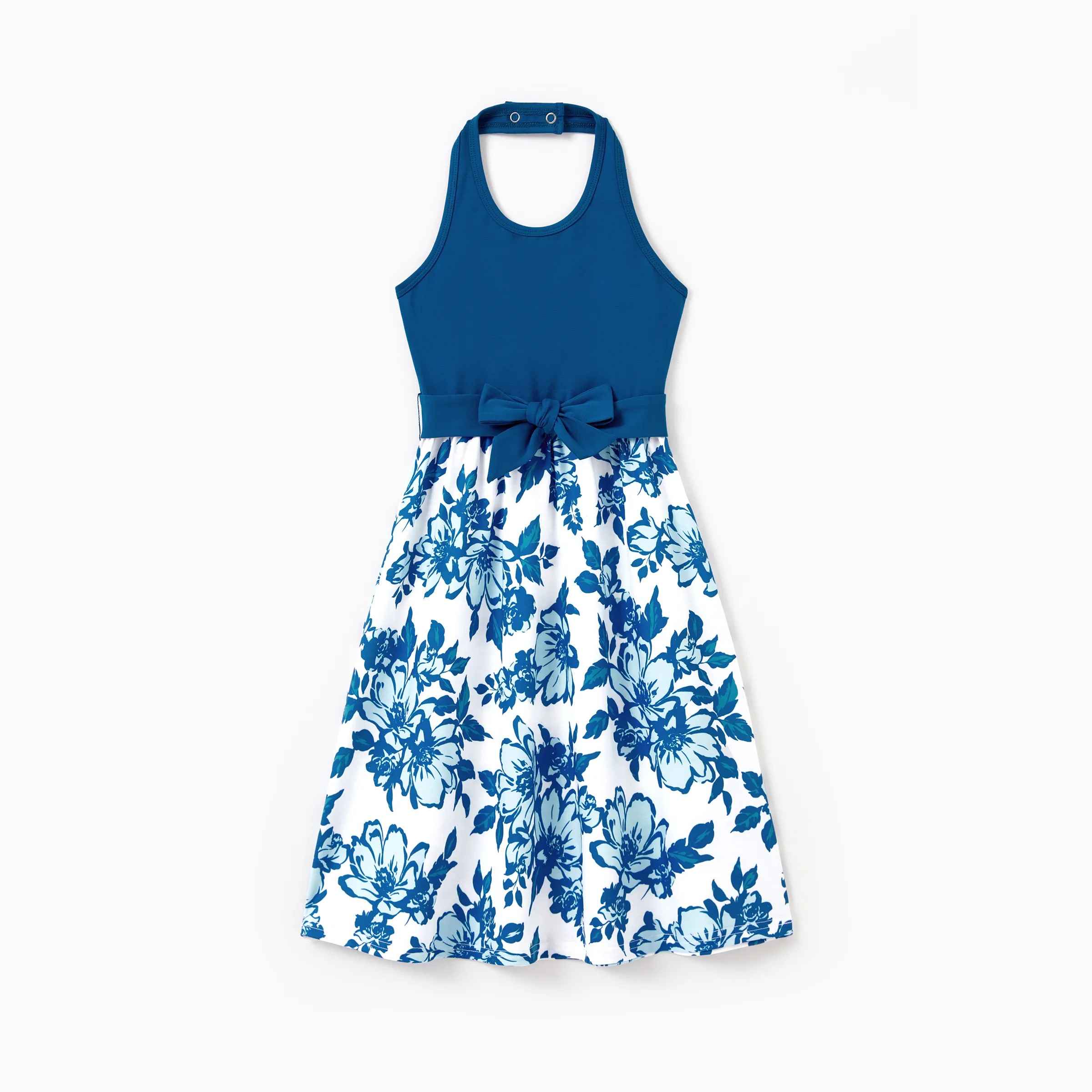 

Family Matching Outfits Blue Floral Summer Clothes Halter Dress, or Colorblock T-Shirt Coordinated Look for Beach, Vacation, Photoshoot